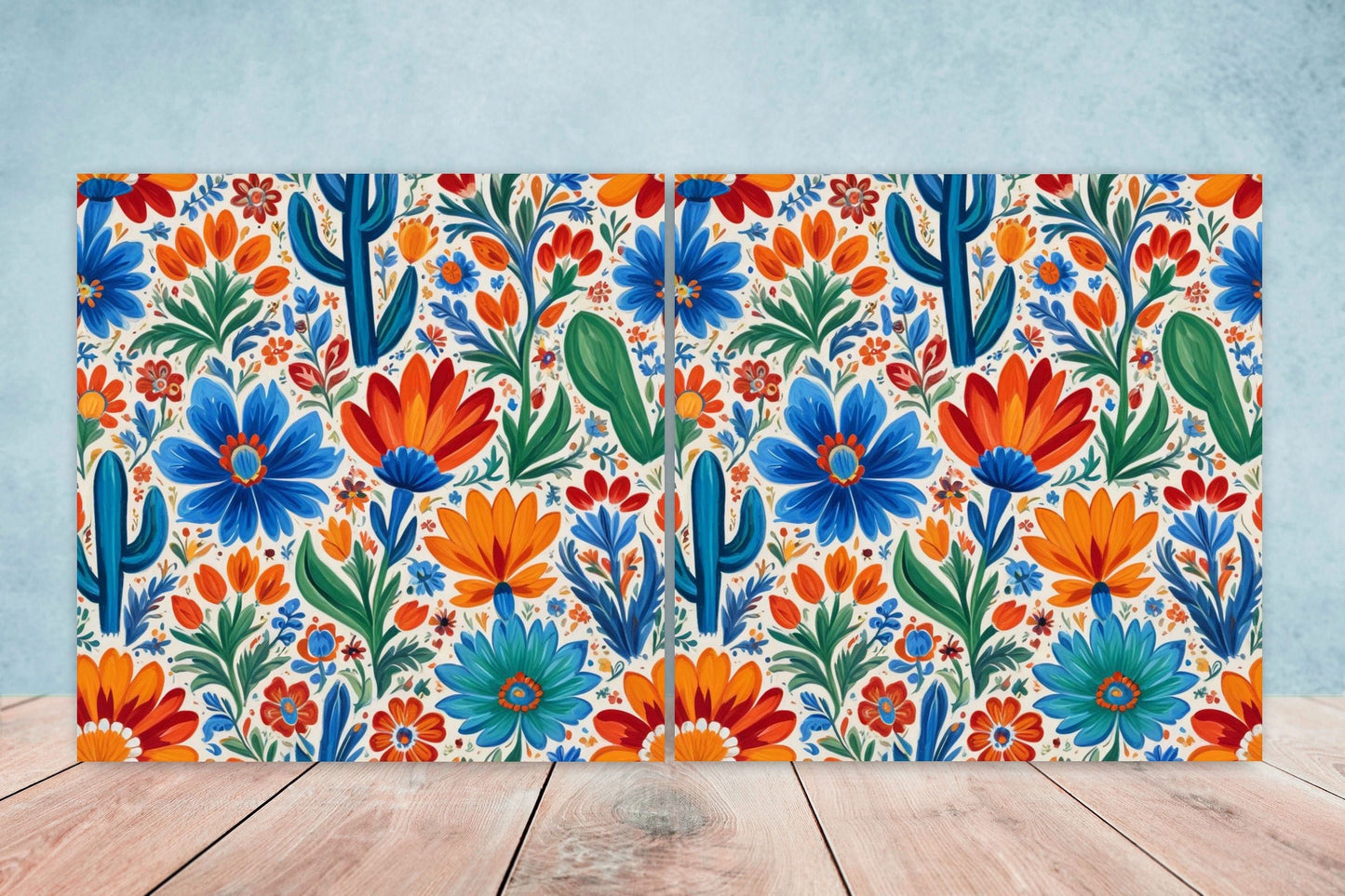 Mexican Ceramic tiles - Set of 2 Mexican Folk design Wall Decor Tiles, Flower Tiles, Floral Print - Kitchen Backsplash Tiles, Bathroom Tiles
