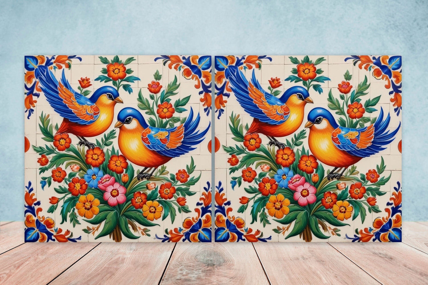 Mexican Ceramic tiles - Set of 2 Mexican Folk design Wall Decor Tiles, Bird Tiles, Birds Print - Kitchen Backsplash Tiles, Bathroom Tiles