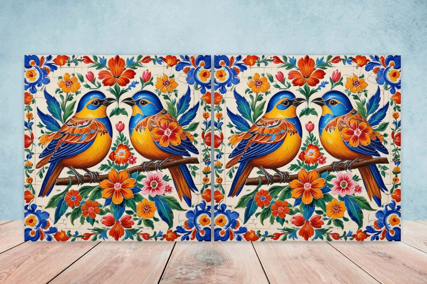 Mexican Ceramic tiles - Set of 2 Mexican Folk design Wall Decor Tiles, Bird Tiles, Birds Print - Kitchen Backsplash Tiles, Bathroom Tiles