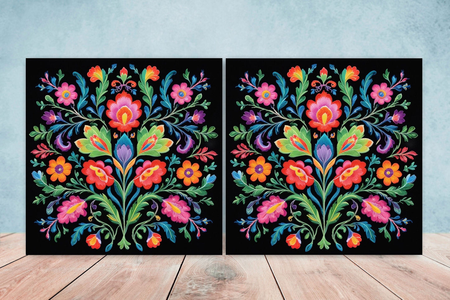 Mexican Ceramic tiles - Set of 2 Mexican Folk design Wall Decor Tiles, Flower Tiles, Floral Print - Kitchen Backsplash Tiles, Bathroom Tiles