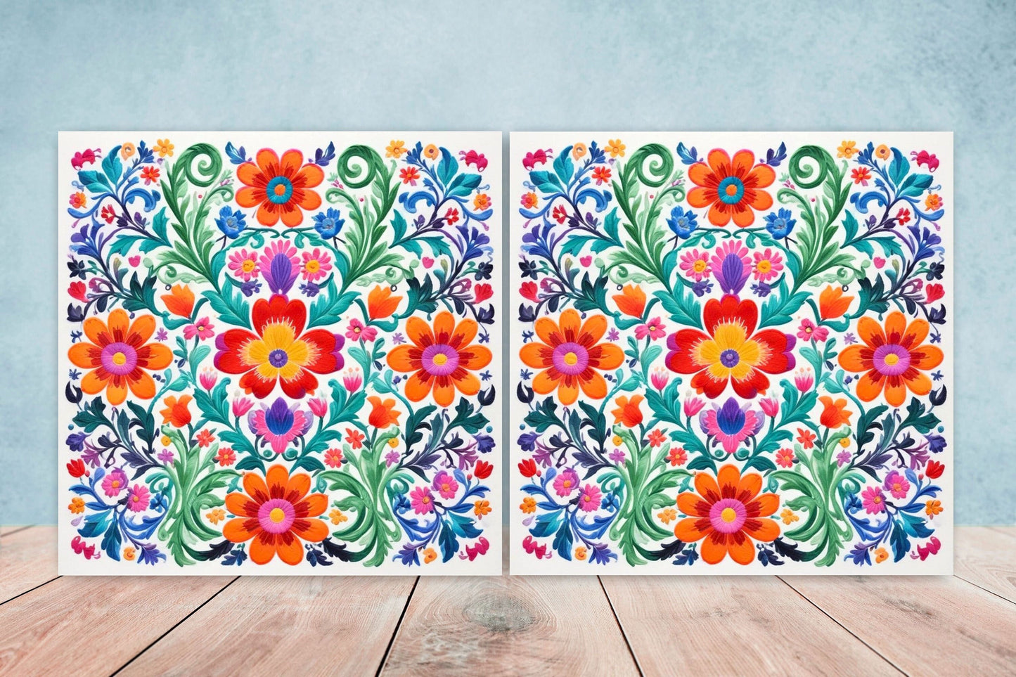 Mexican Ceramic tiles - Set of 2 Mexican Folk design Wall Decor Tiles, Flower Tiles, Floral Print - Kitchen Backsplash Tiles, Bathroom Tiles