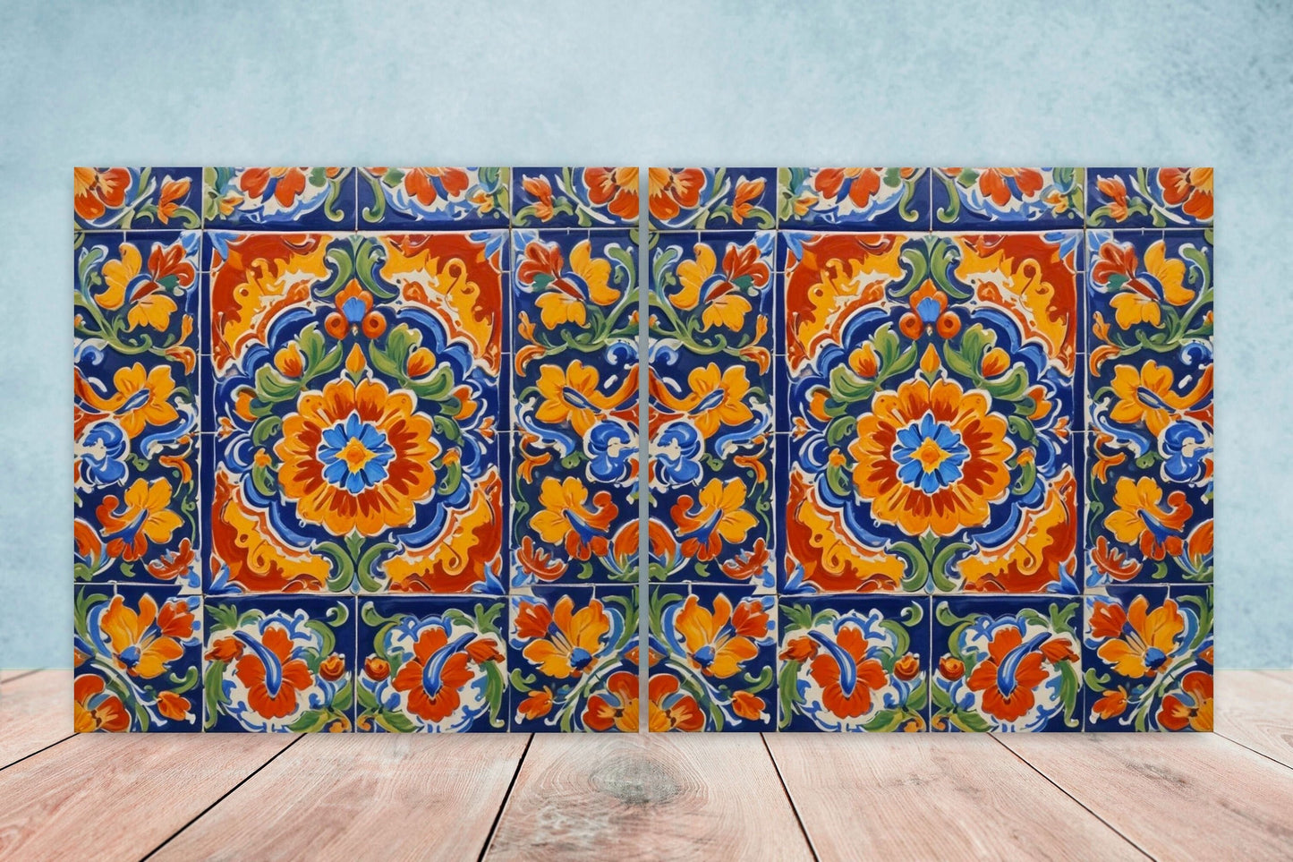 Mexican Ceramic tiles - Set of 2 Mexican Folk design Wall Decor Tiles, Flower Tiles, Floral Print - Kitchen Backsplash Tiles, Bathroom Tiles