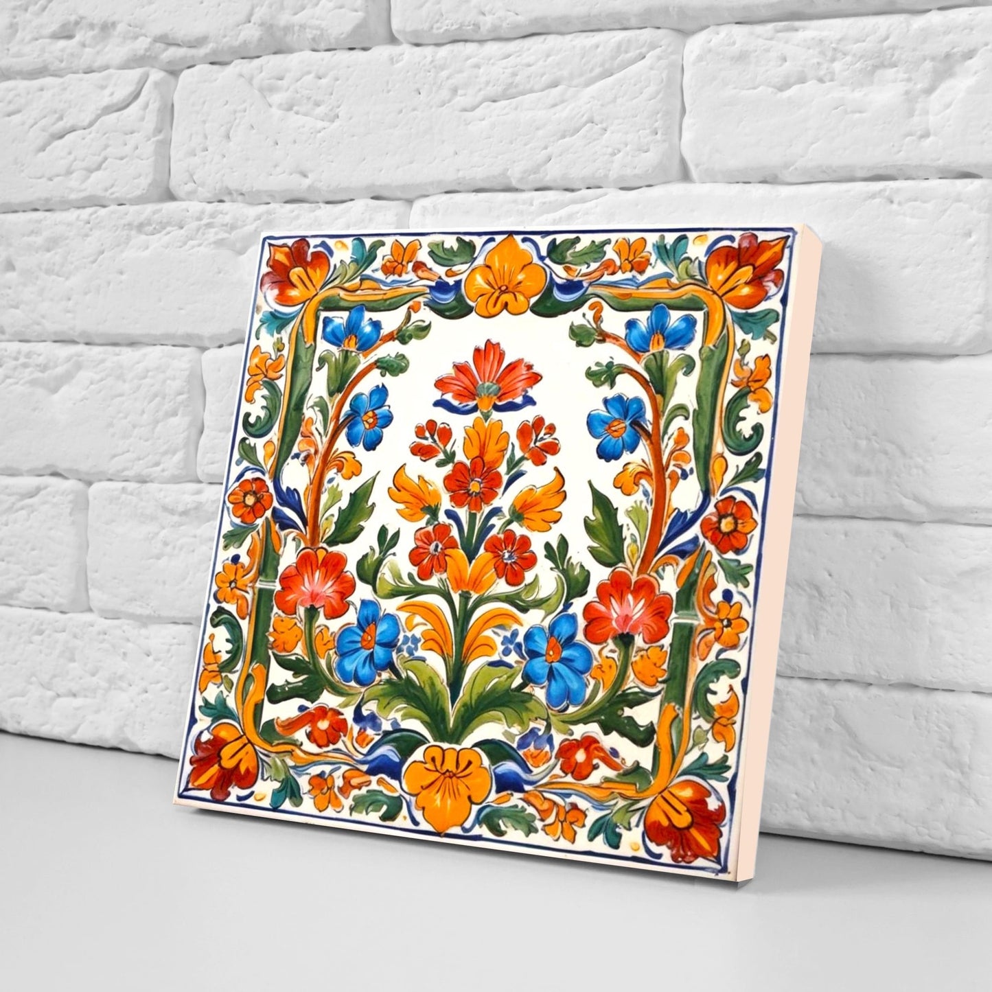 Mexican Ceramic tiles - Set of 2 Mexican Folk design Wall Decor Tiles, Flower Tiles, Floral Print - Kitchen Backsplash Tiles, Bathroom Tiles