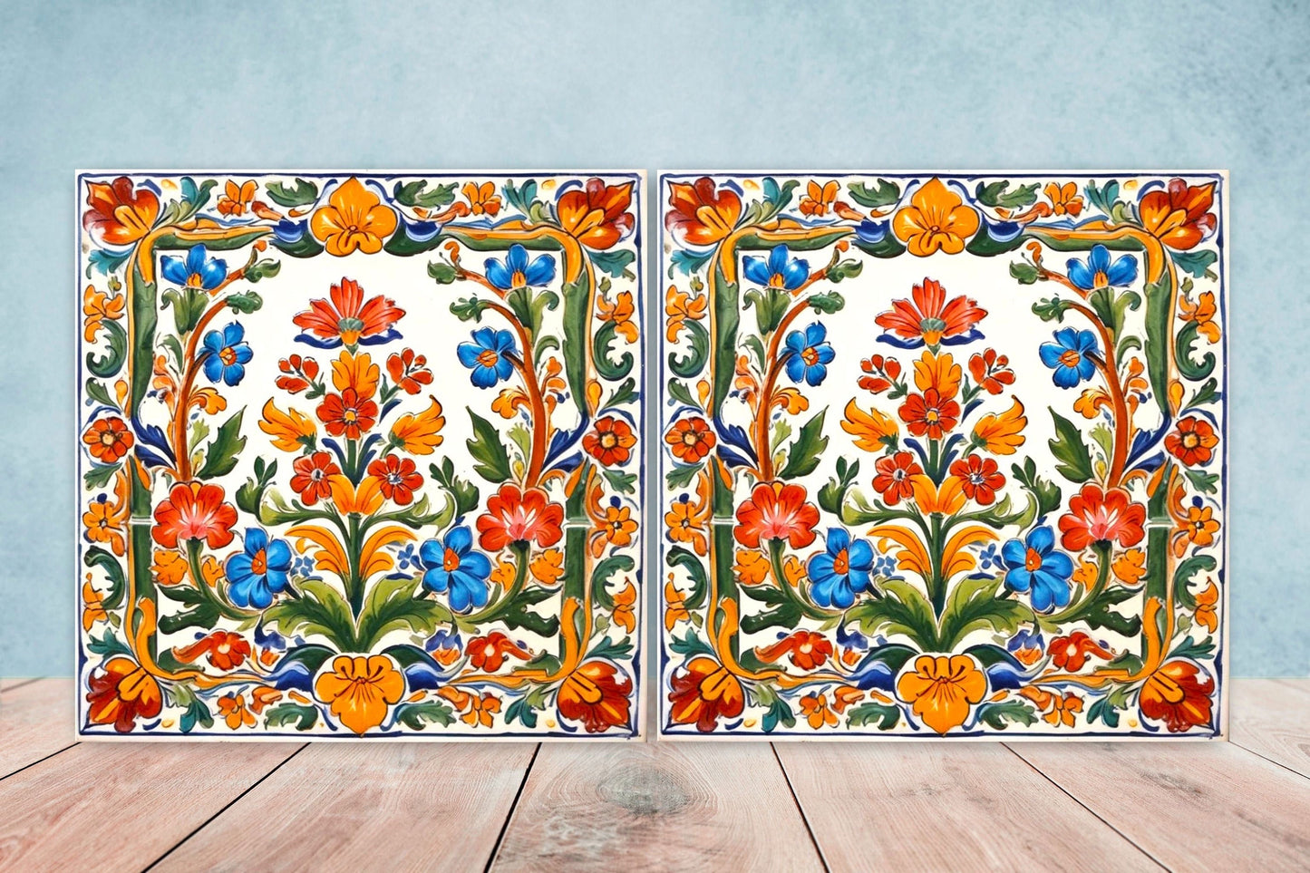 Mexican Ceramic tiles - Set of 2 Mexican Folk design Wall Decor Tiles, Flower Tiles, Floral Print - Kitchen Backsplash Tiles, Bathroom Tiles