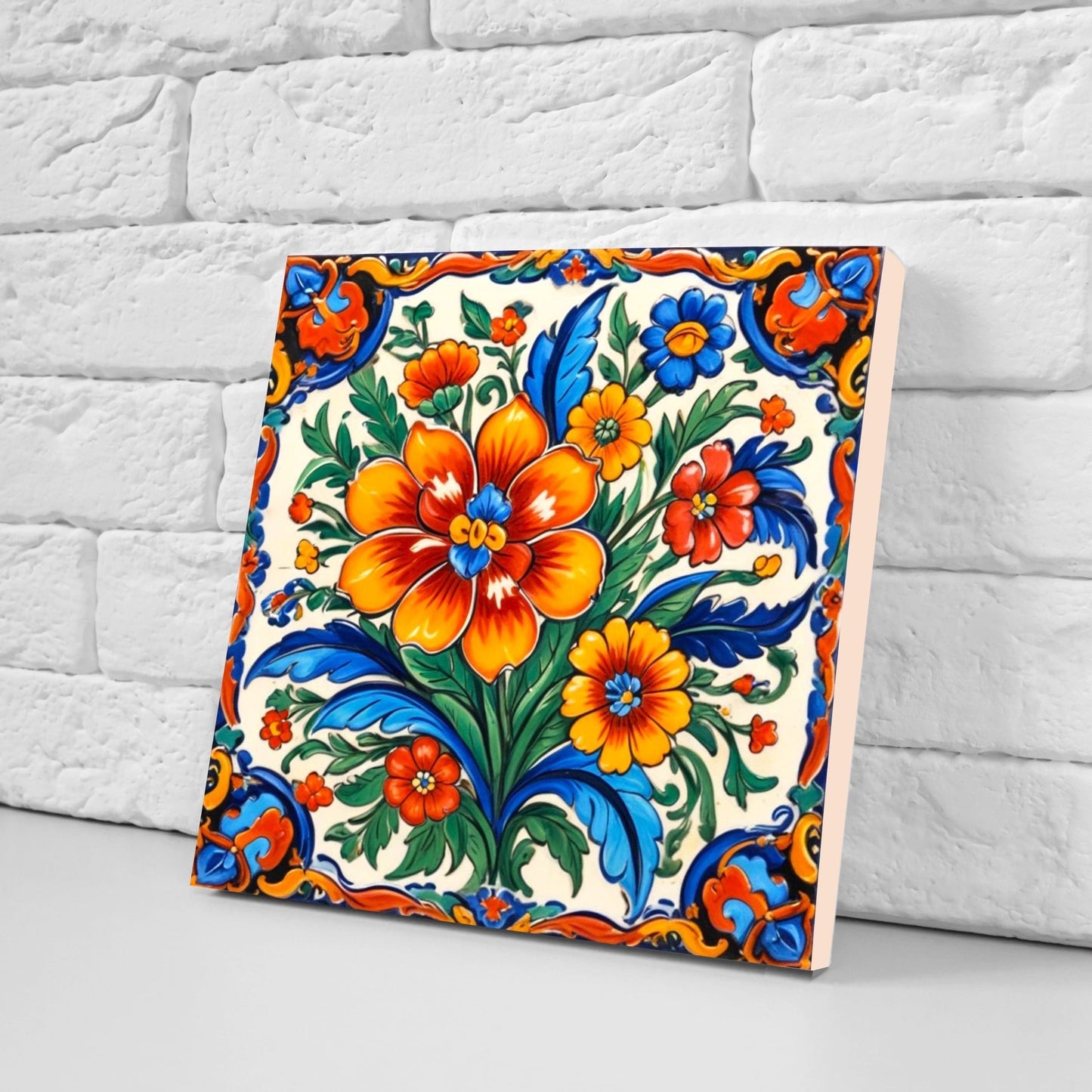 Mexican Ceramic tiles - Set of 2 Mexican Folk design Wall Decor Tiles, Flower Tiles, Floral Print - Kitchen Backsplash Tiles, Bathroom Tiles