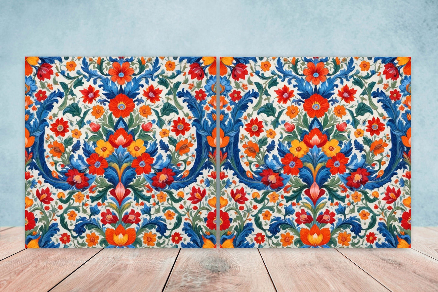 Mexican Ceramic tiles - Set of 2 Mexican Folk design Wall Decor Tiles, Flower Tiles, Floral Print - Kitchen Backsplash Tiles, Bathroom Tiles