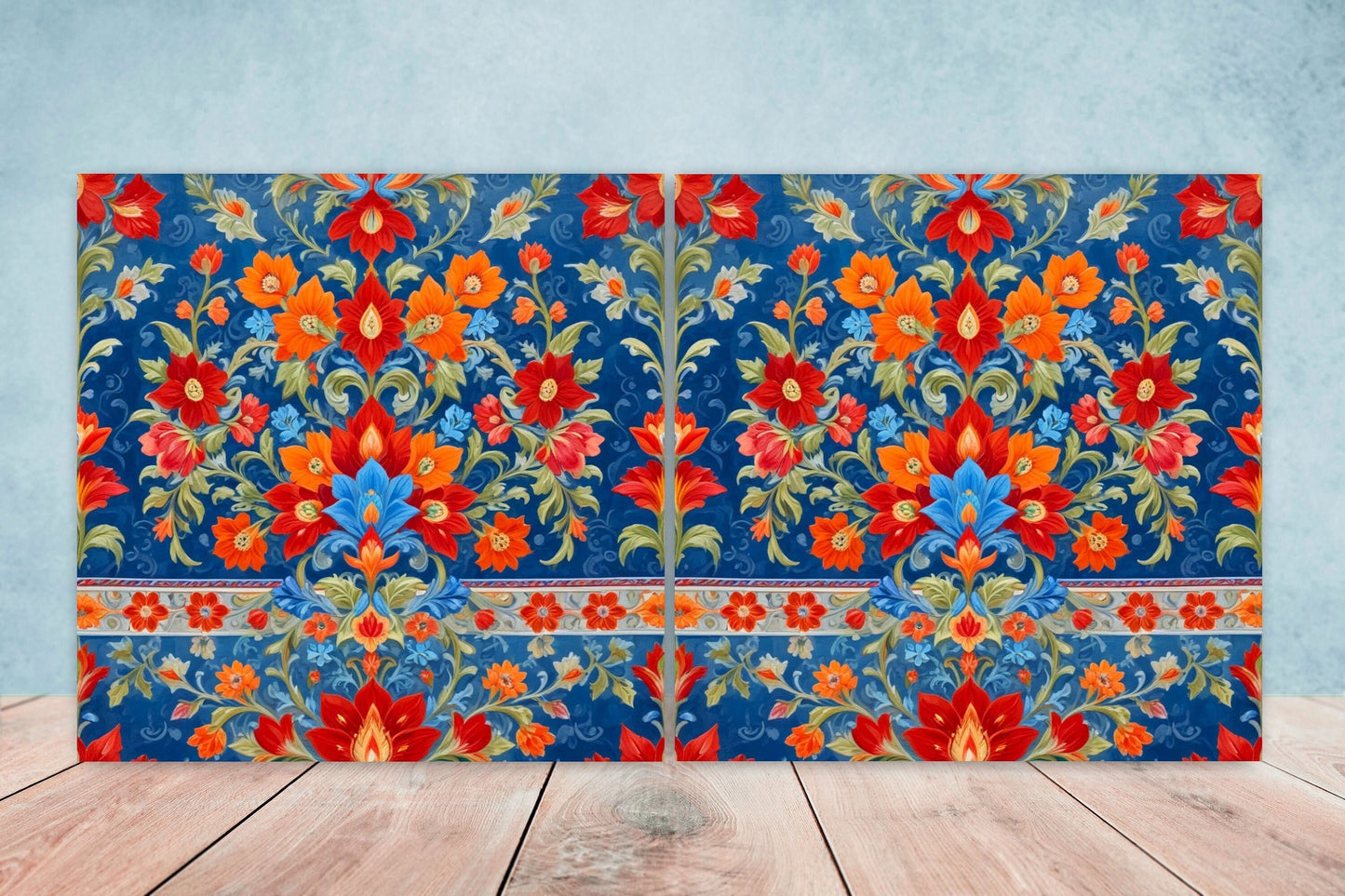 Mexican Ceramic tiles - Set of 2 Mexican Folk design Wall Decor Tiles, Flower Tiles, Floral Print - Kitchen Backsplash Tiles, Bathroom Tiles