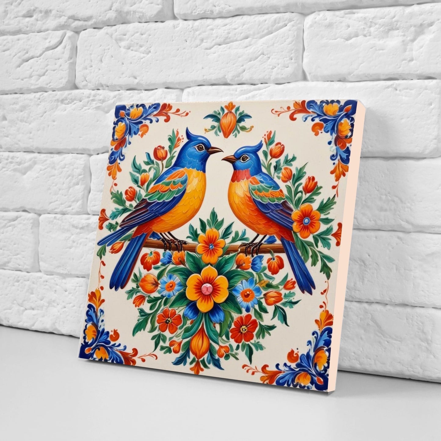 Mexican Ceramic tiles - Set of 2 Mexican Folk design Wall Decor Tiles, Bird Tiles, Birds Print - Kitchen Backsplash Tiles, Bathroom Tiles