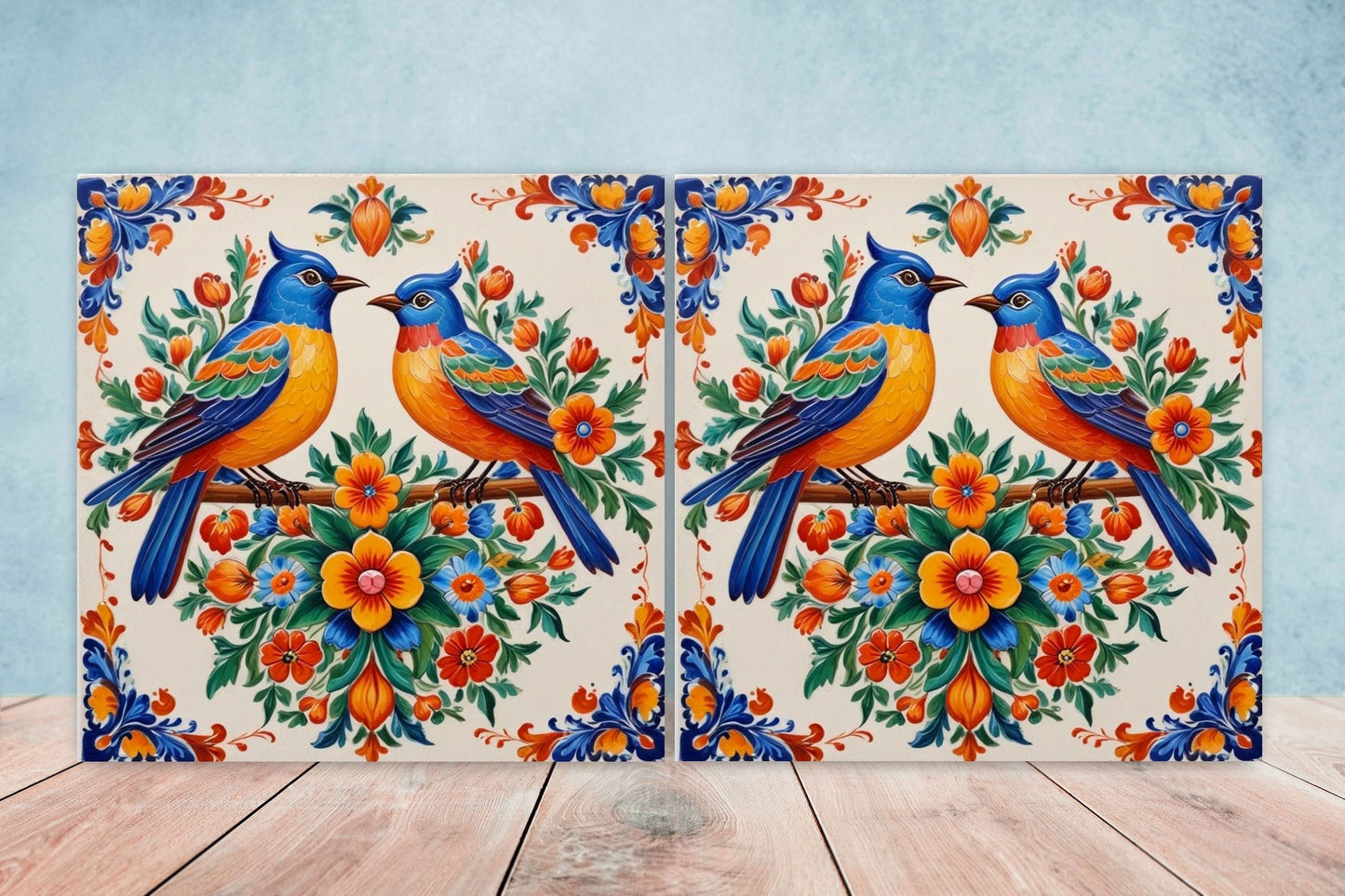 Mexican Ceramic tiles - Set of 2 Mexican Folk design Wall Decor Tiles, Bird Tiles, Birds Print - Kitchen Backsplash Tiles, Bathroom Tiles