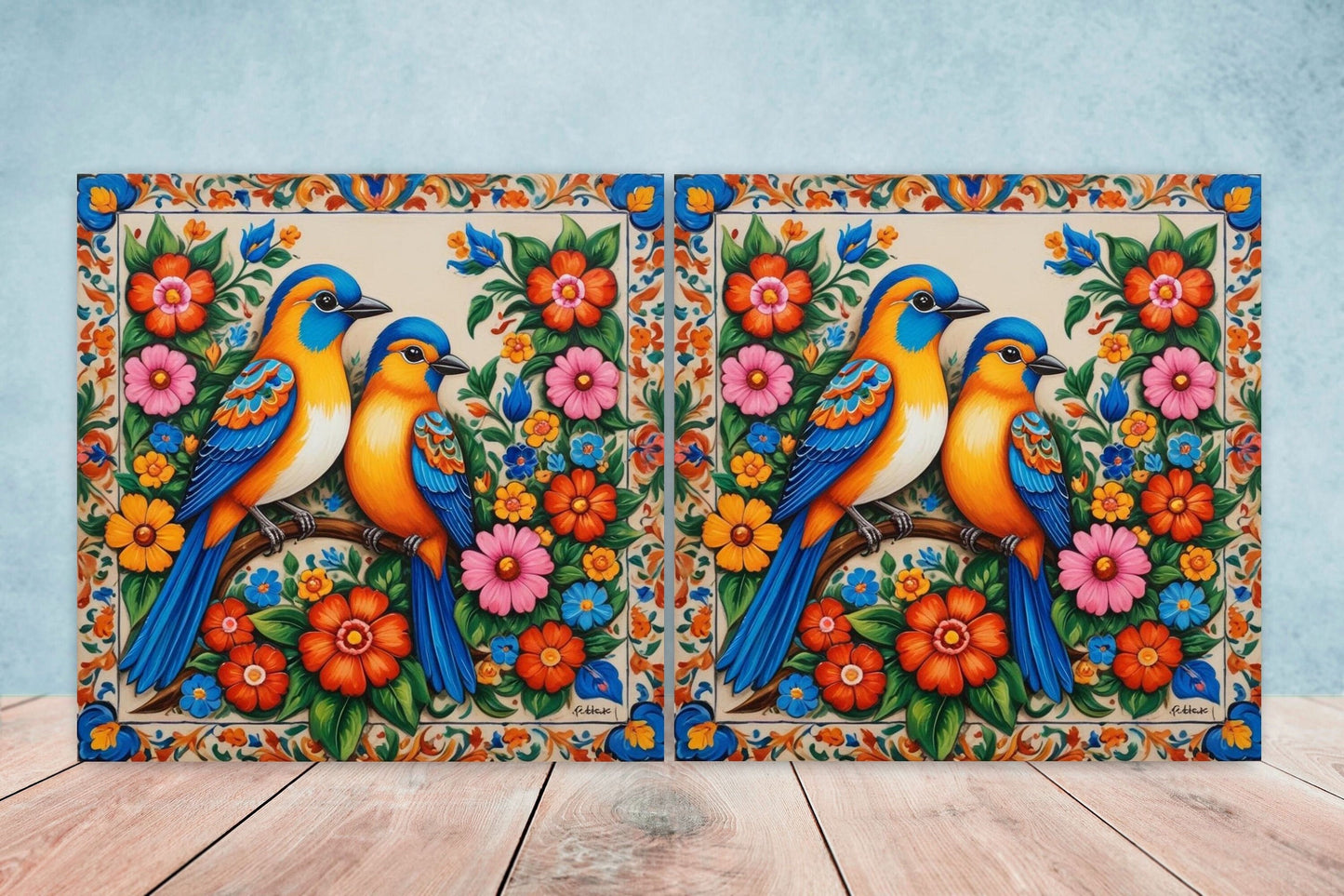Mexican Ceramic tiles - Set of 2 Mexican Folk design Wall Decor Tiles, Bird Tiles, Birds Print - Kitchen Backsplash Tiles, Bathroom Tiles