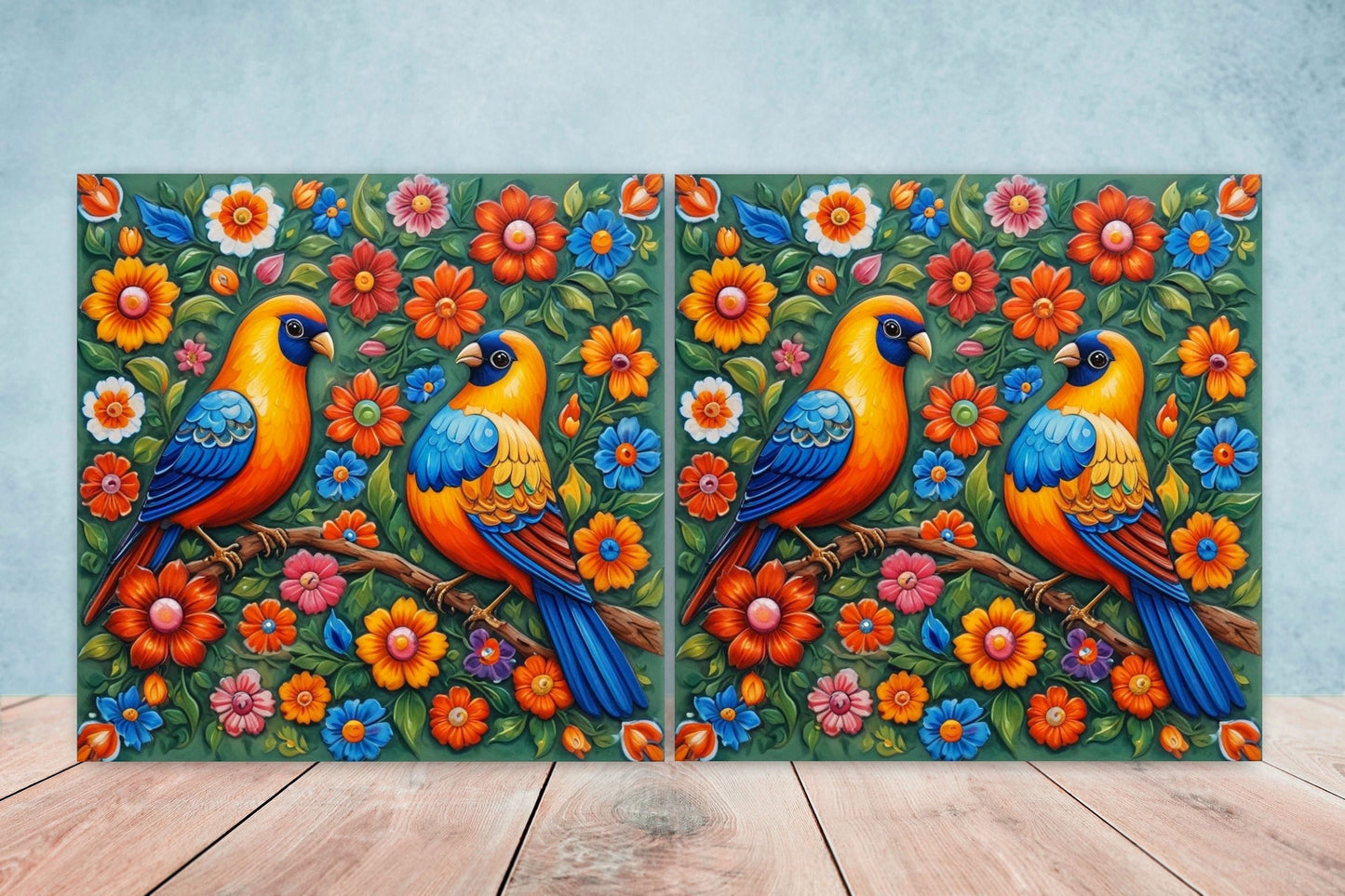 Mexican Ceramic tiles - Set of 2 Mexican Folk design Wall Decor Tiles, Bird Tiles, Birds Print - Kitchen Backsplash Tiles, Bathroom Tiles