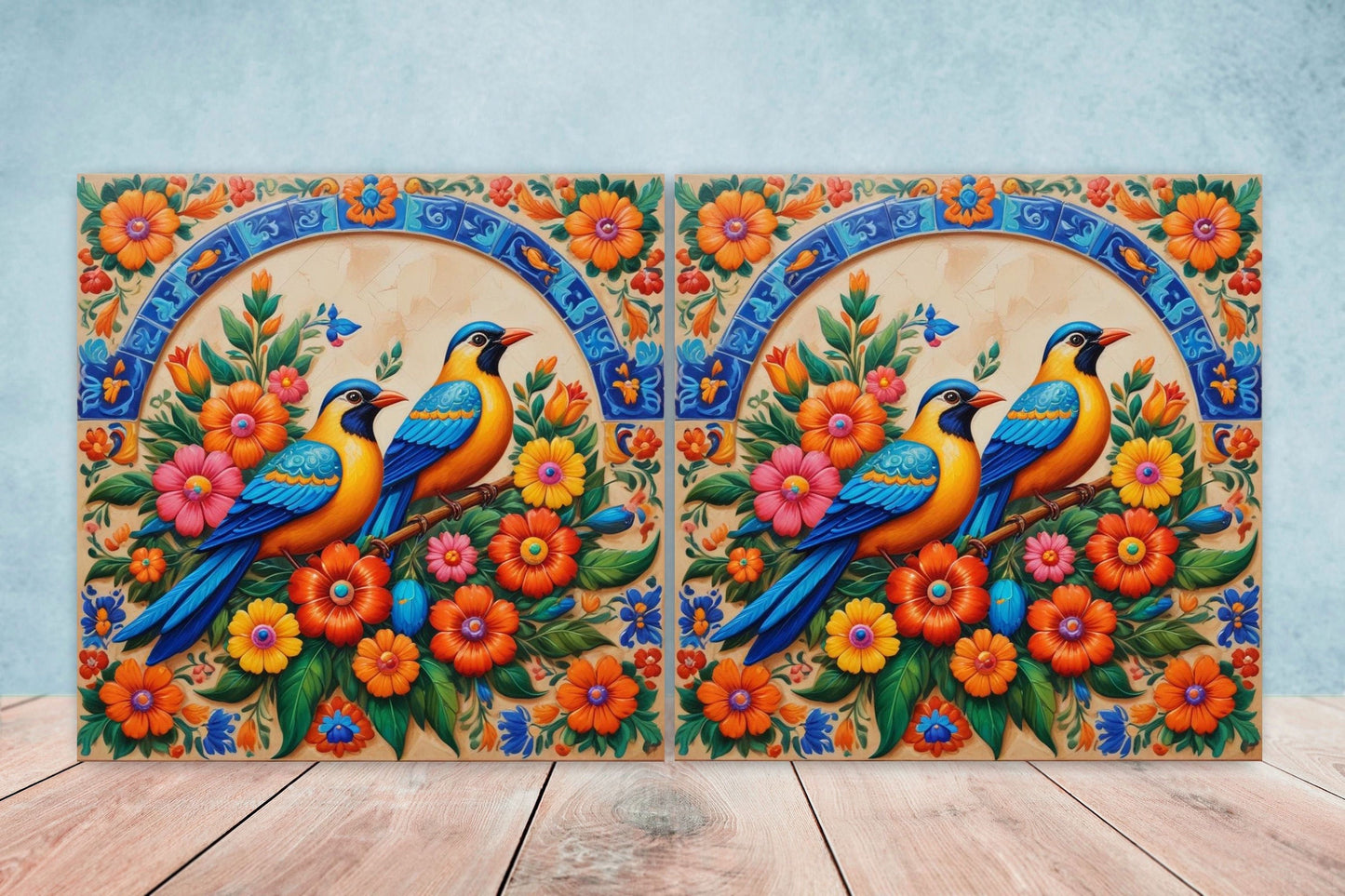 Mexican Ceramic tiles - Set of 2 Mexican Folk design Wall Decor Tiles, Bird Tiles, Birds Print - Kitchen Backsplash Tiles, Bathroom Tiles