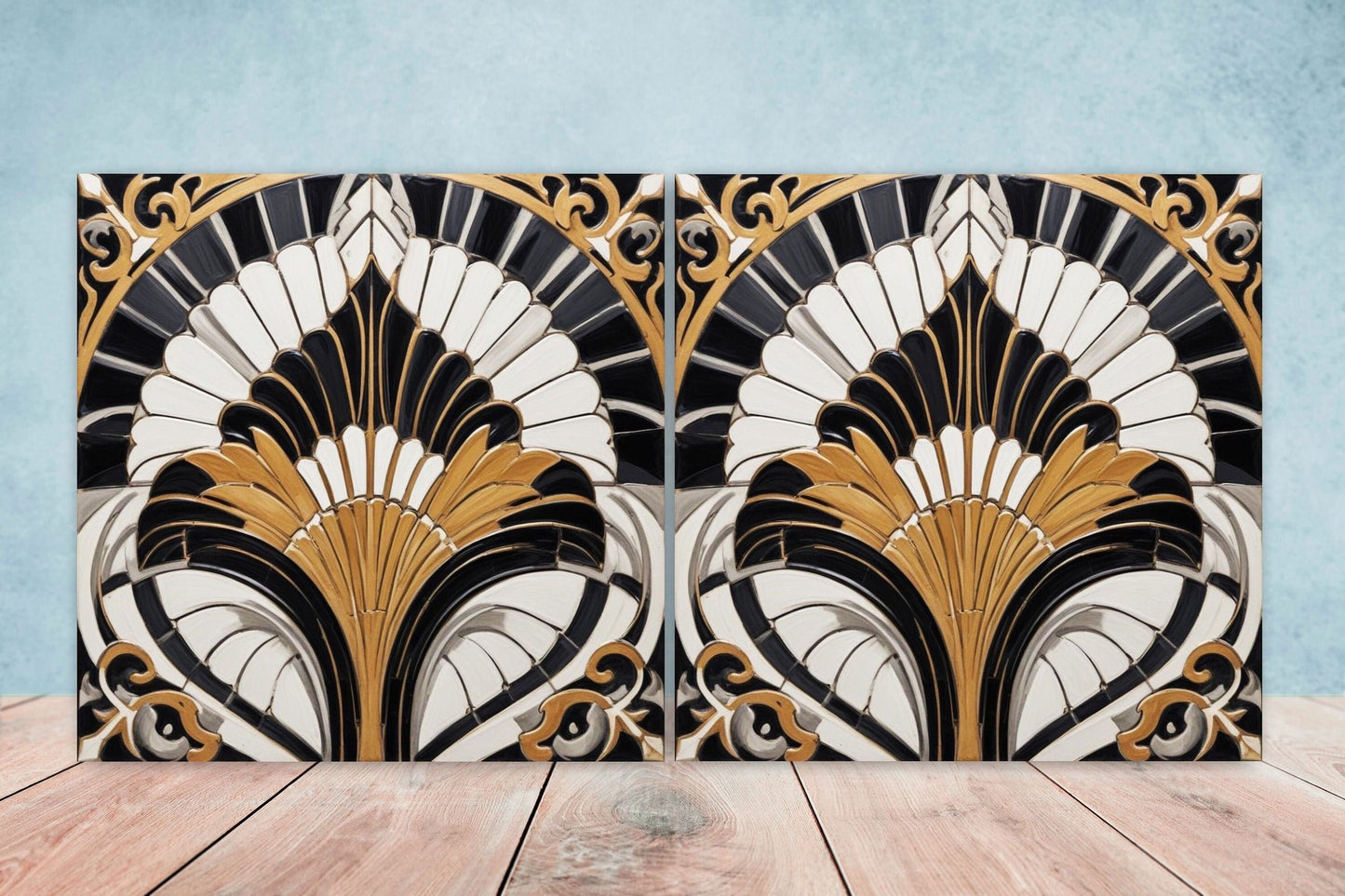 Art Deco Ceramic tiles - Set of 2 Art Deco Wall Decor Geometric Tiles - Kitchen Backsplash Tiles, Table Decorative Tiles, Bathroom Tiles