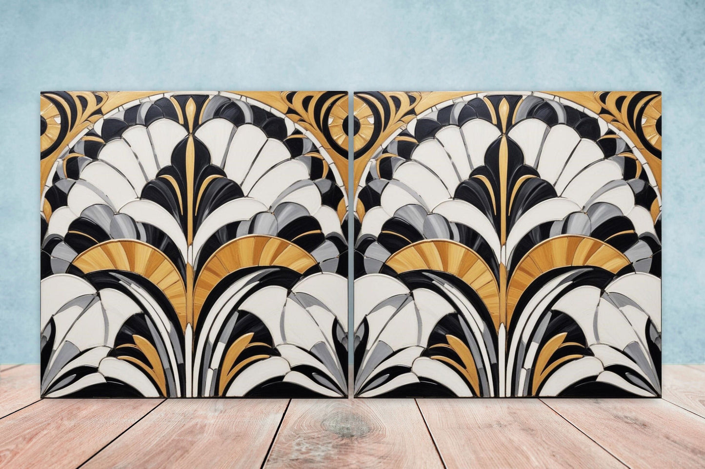 Art Deco Ceramic tiles - Set of 2 Art Deco Wall Decor Geometric Tiles - Kitchen Backsplash Tiles, Table Decorative Tiles, Bathroom Tiles