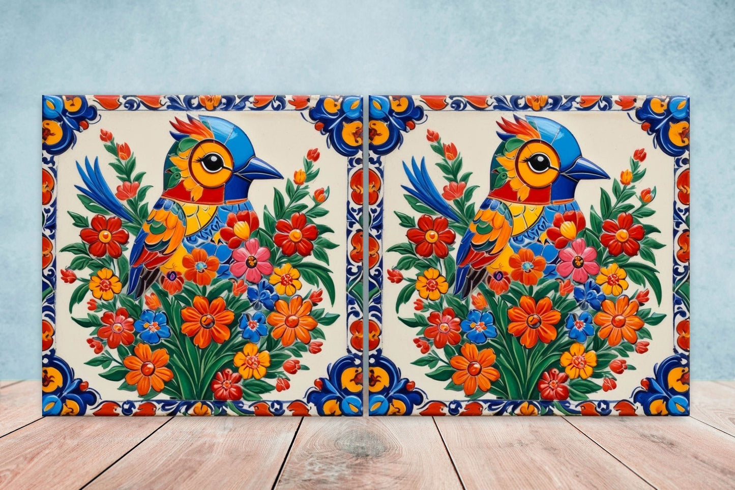 Mexican Ceramic tiles - Set of 2 Mexican Folk design Wall Decor Tiles, Bird Tiles, Birds Print - Kitchen Backsplash Tiles, Bathroom Tiles