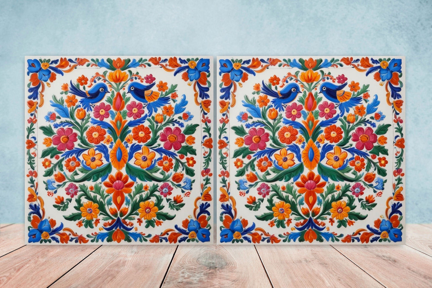 Mexican Ceramic tiles - Set of 2 Mexican Folk design Wall Decor Tiles, Bird Tiles, Birds Print - Kitchen Backsplash Tiles, Bathroom Tiles