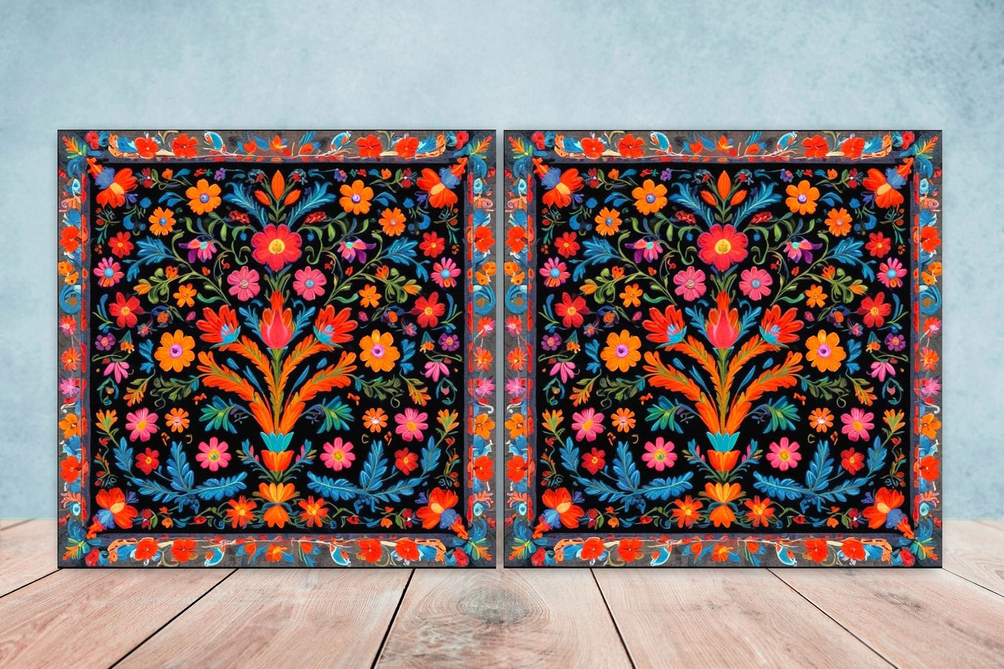 Mexican Ceramic tiles - Set of 2 Mexican Folk design Wall Decor Tiles, Flower Tiles, Floral Print - Kitchen Backsplash Tiles, Bathroom Tiles