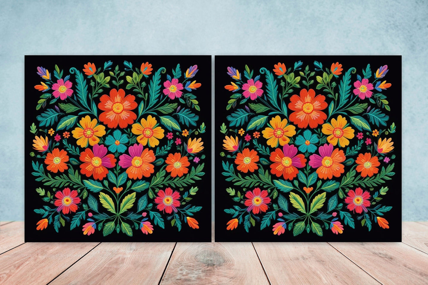 Mexican Ceramic tiles - Set of 2 Mexican Folk design Wall Decor Tiles, Flower Tiles, Floral Print - Kitchen Backsplash Tiles, Bathroom Tiles