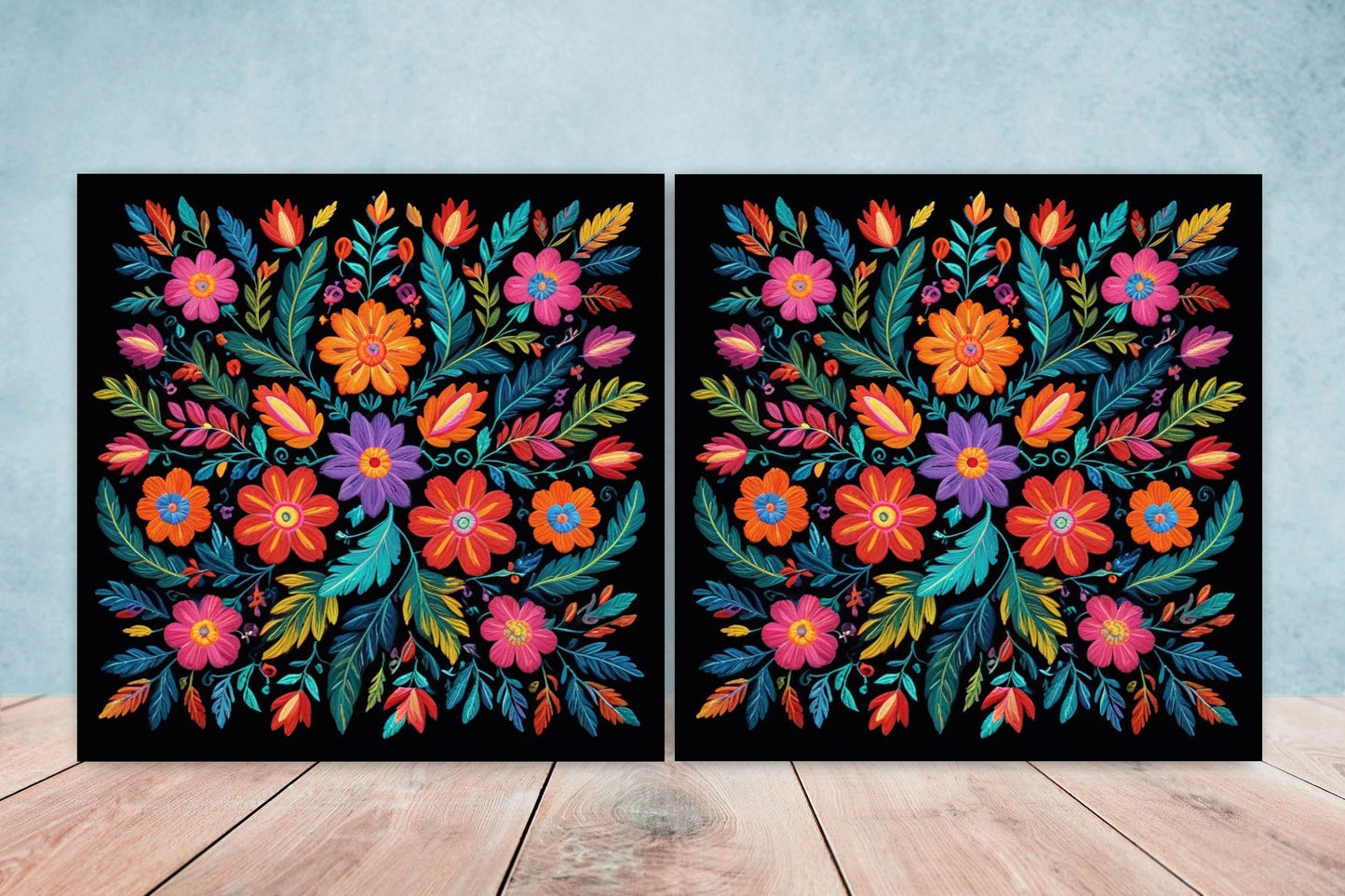 Mexican Ceramic tiles - Set of 2 Mexican Folk design Wall Decor Tiles, Flower Tiles, Floral Print - Kitchen Backsplash Tiles, Bathroom Tiles