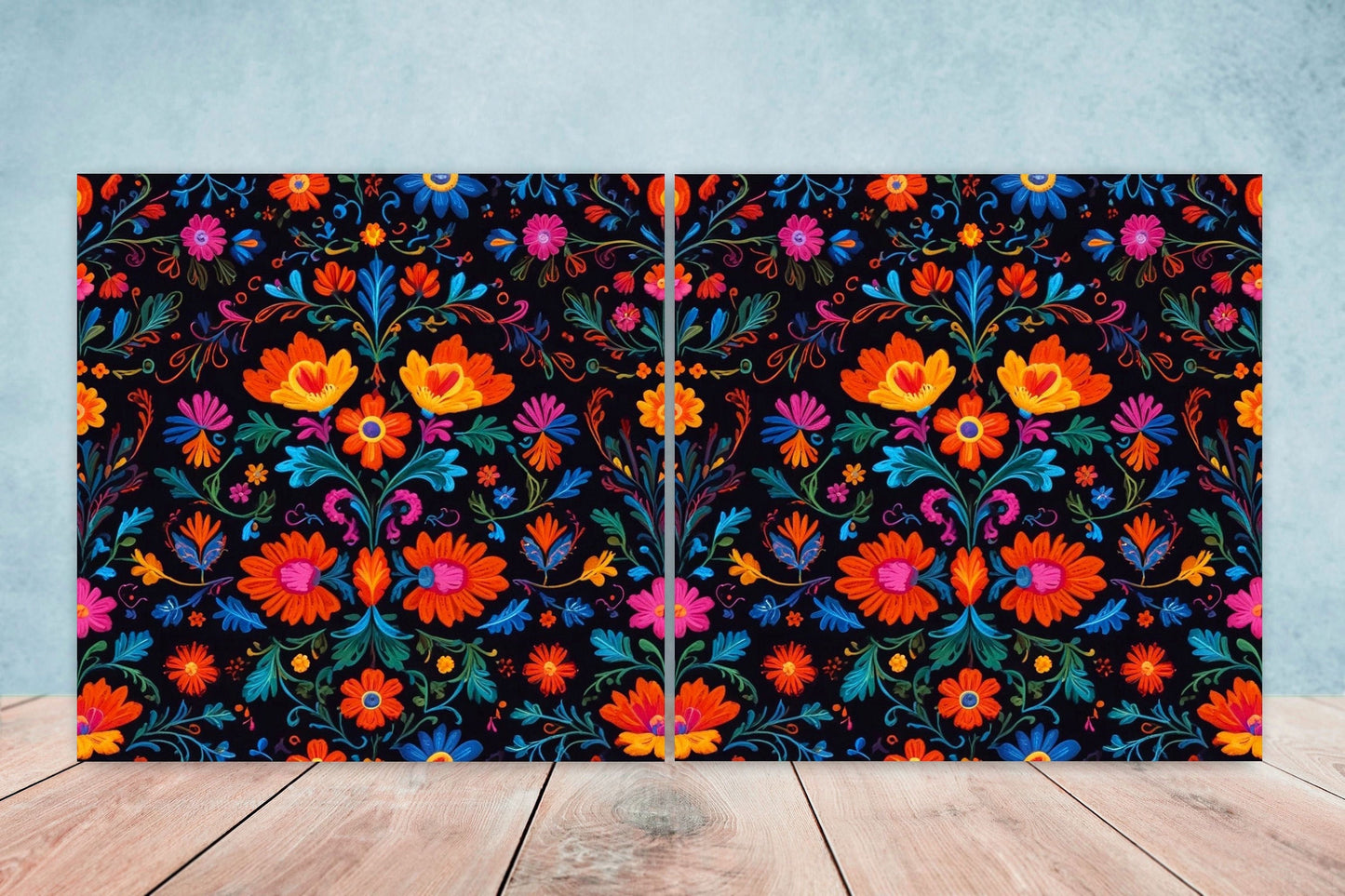 Mexican Ceramic tiles - Set of 2 Mexican Folk design Wall Decor Tiles, Flower Tiles, Floral Print - Kitchen Backsplash Tiles, Bathroom Tiles