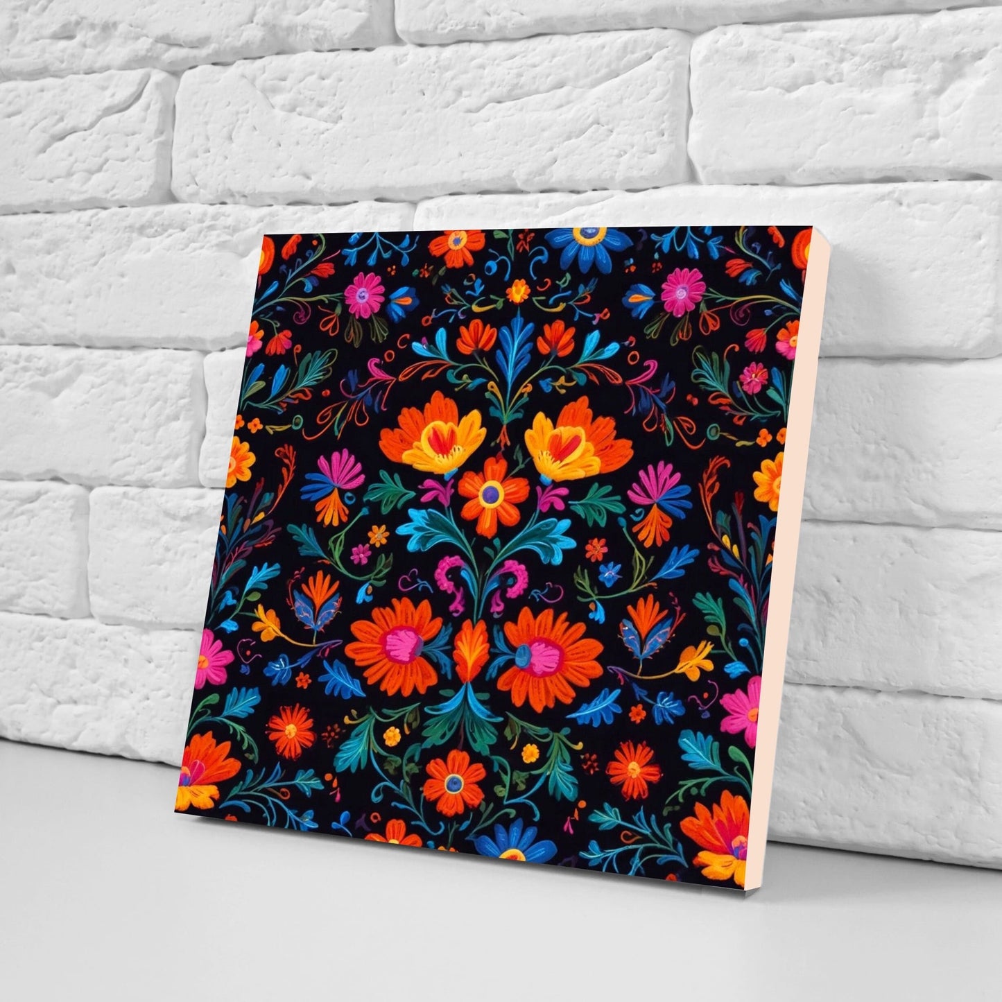 Mexican Ceramic tiles - Set of 2 Mexican Folk design Wall Decor Tiles, Flower Tiles, Floral Print - Kitchen Backsplash Tiles, Bathroom Tiles