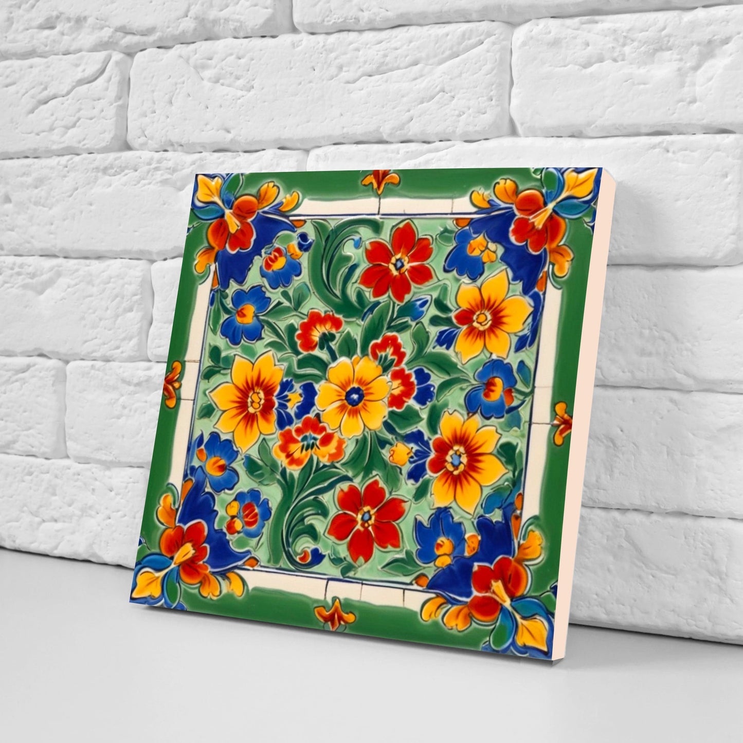 Mexican Ceramic tiles - Set of 2 Mexican Folk design Wall Decor Tiles, Flower Tiles, Floral Print - Kitchen Backsplash Tiles, Bathroom Tiles