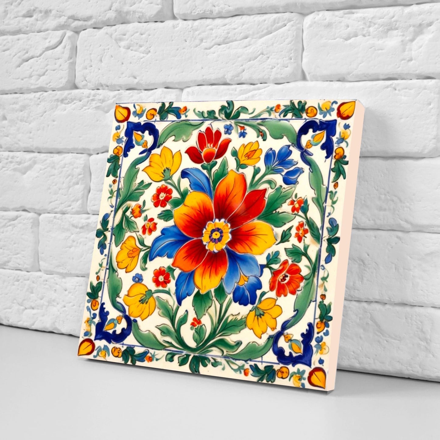 Mexican Ceramic tiles - Set of 2 Mexican Folk design Wall Decor Tiles, Flower Tiles, Floral Print - Kitchen Backsplash Tiles, Bathroom Tiles