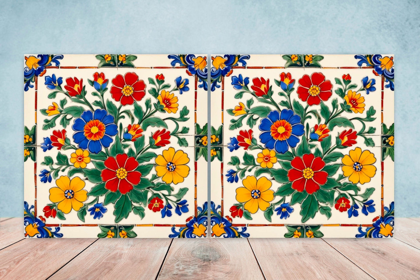 Mexican Ceramic tiles - Set of 2 Mexican Folk design Wall Decor Tiles, Flower Tiles, Floral Print - Kitchen Backsplash Tiles, Bathroom Tiles