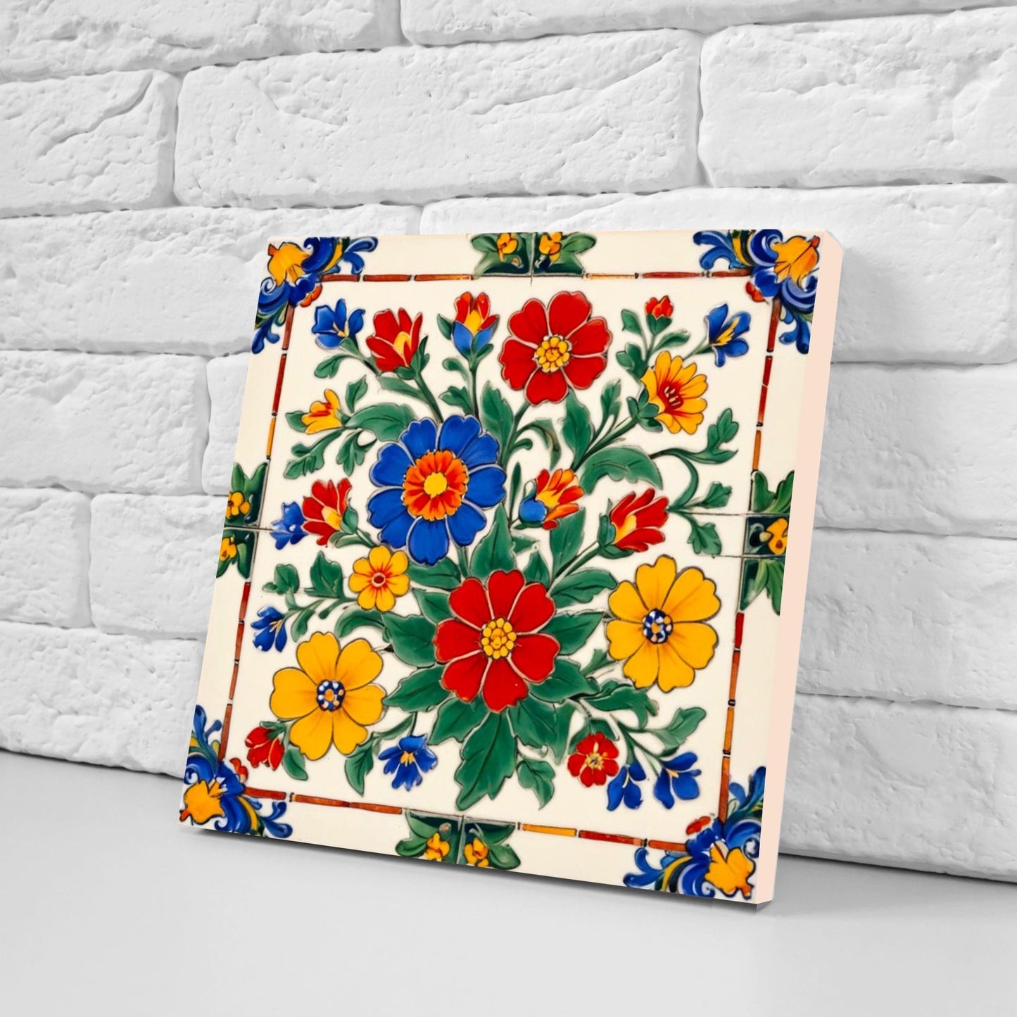 Mexican Ceramic tiles - Set of 2 Mexican Folk design Wall Decor Tiles, Flower Tiles, Floral Print - Kitchen Backsplash Tiles, Bathroom Tiles