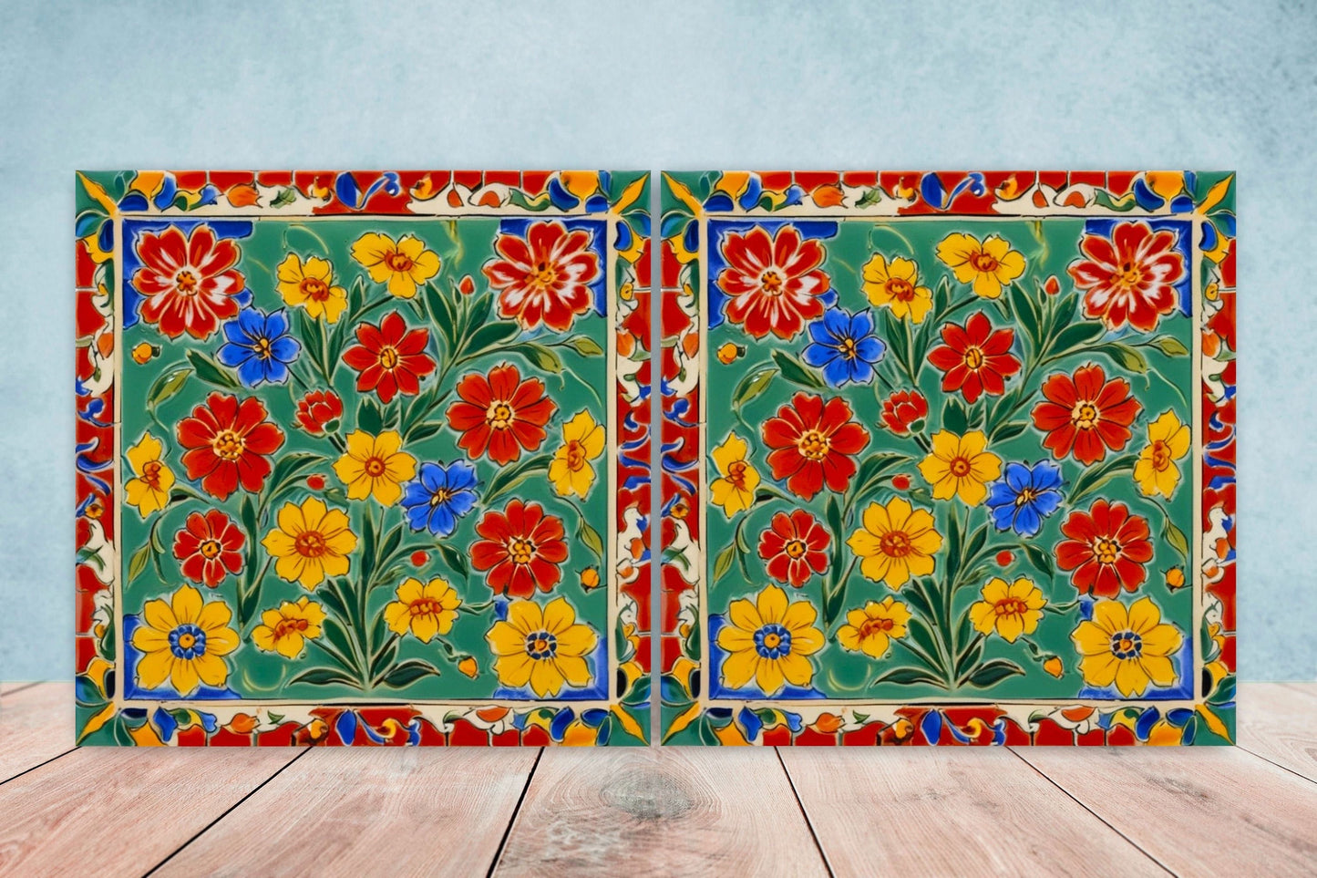 Mexican Ceramic tiles - Set of 2 Mexican Folk design Wall Decor Tiles, Flower Tiles, Floral Print - Kitchen Backsplash Tiles, Bathroom Tiles