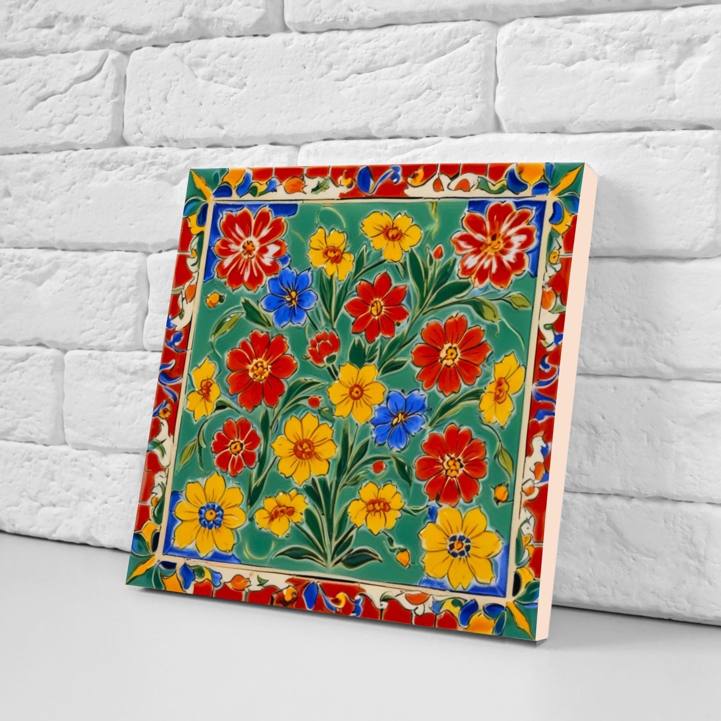 Mexican Ceramic tiles - Set of 2 Mexican Folk design Wall Decor Tiles, Flower Tiles, Floral Print - Kitchen Backsplash Tiles, Bathroom Tiles