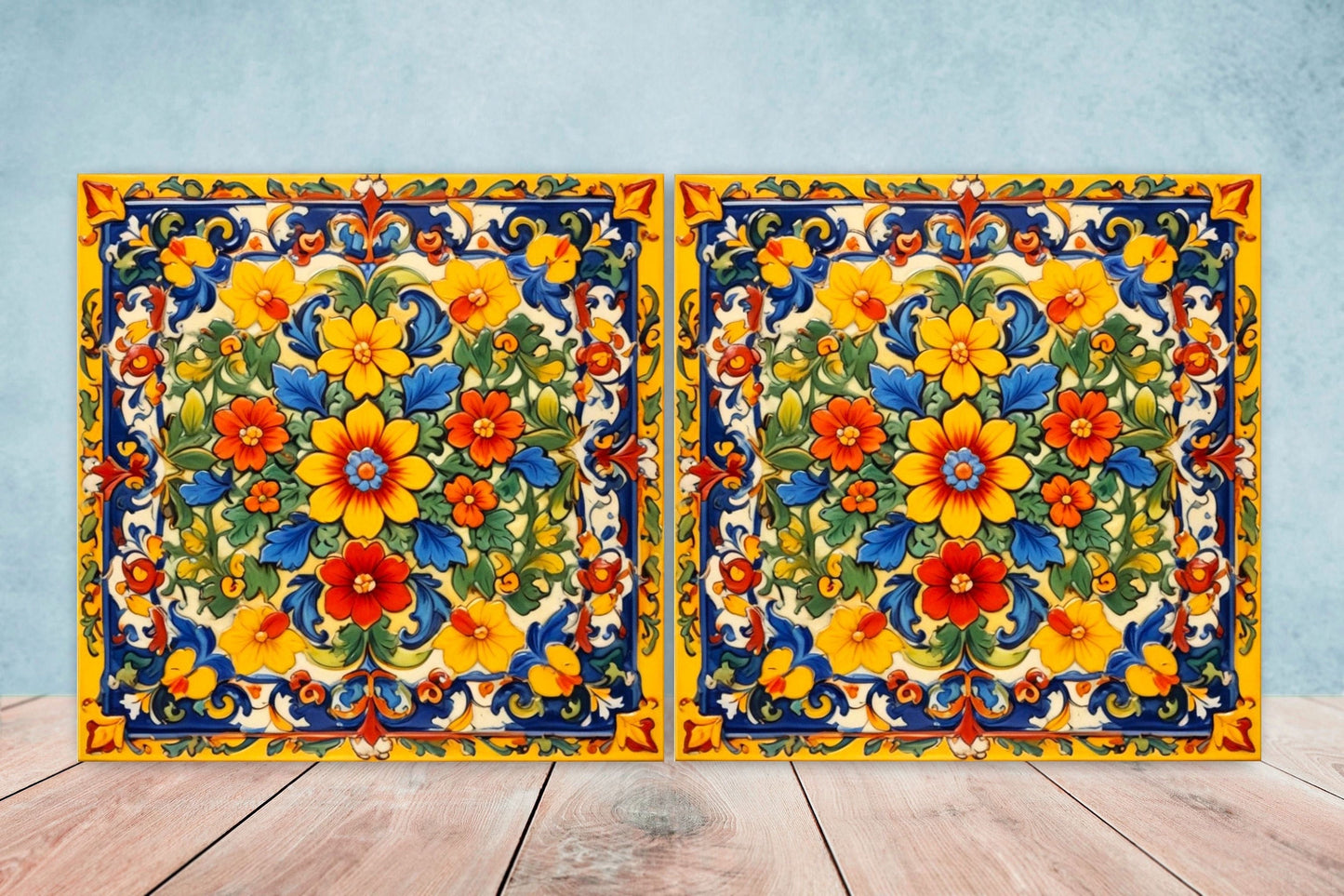 Mexican Ceramic tiles - Set of 2 Mexican Folk design Wall Decor Tiles, Flower Tiles, Floral Print - Kitchen Backsplash Tiles, Bathroom Tiles