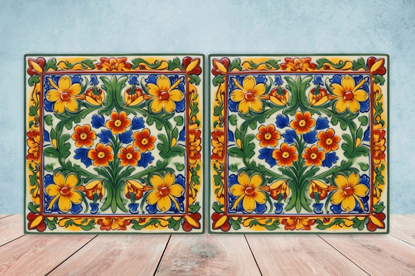 Mexican Ceramic tiles - Set of 2 Mexican Folk design Wall Decor Tiles, Flower Tiles, Floral Print - Kitchen Backsplash Tiles, Bathroom Tiles