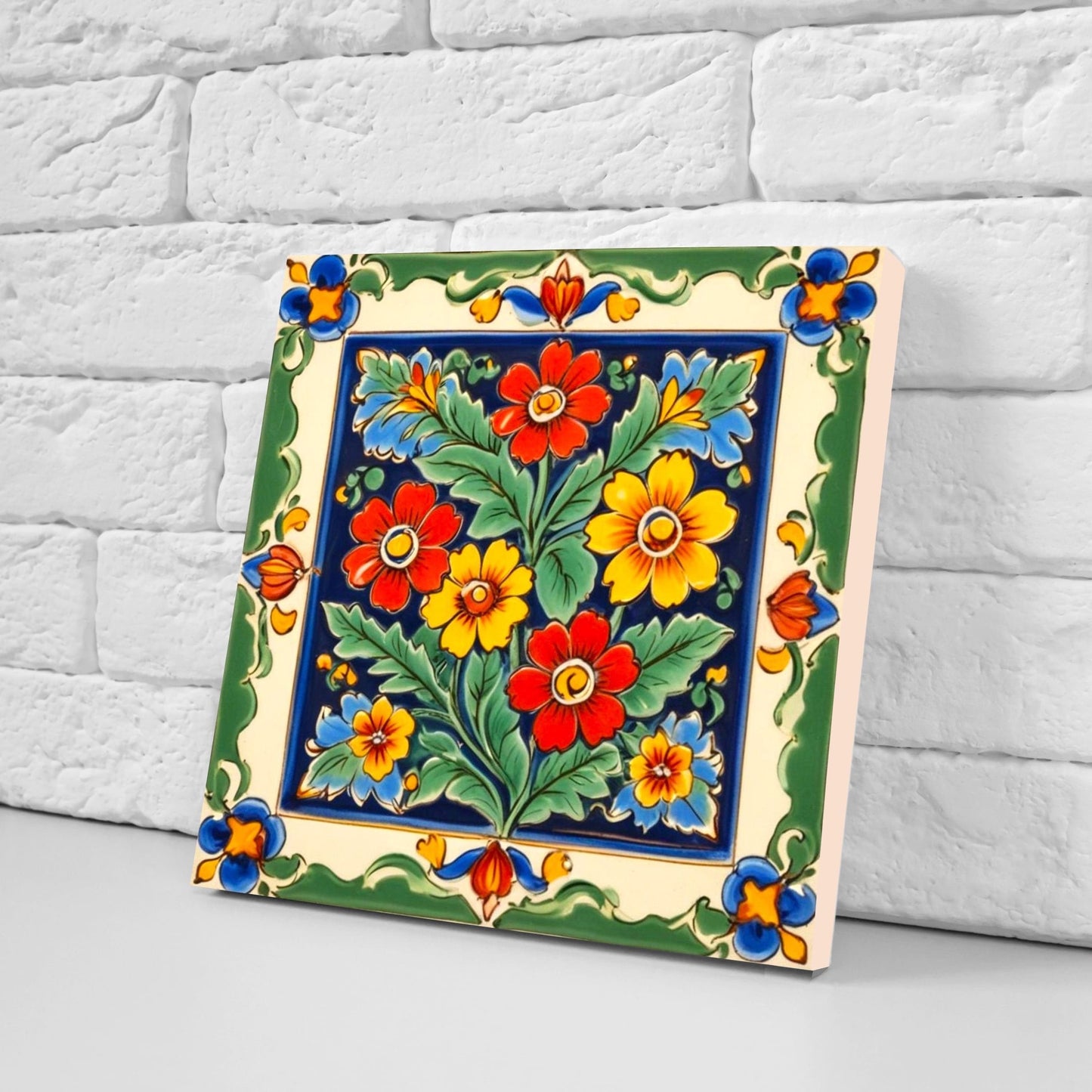 Mexican Ceramic tiles - Set of 2 Mexican Folk design Wall Decor Tiles, Flower Tiles, Floral Print - Kitchen Backsplash Tiles, Bathroom Tiles
