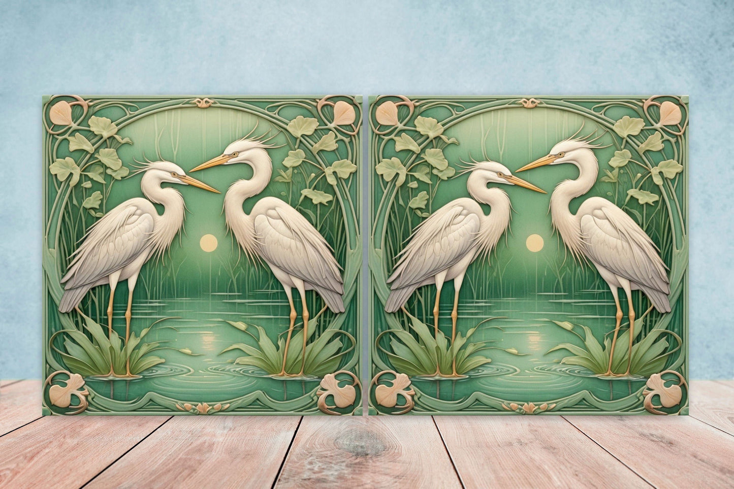 Art Nouveau Heron Ceramic tiles -Set of 2 Art Nouveau Bird Wall Decor Tiles, Bird Tiles, Bird Art - Kitchen Backsplash Tiles, Bathroom Tiles