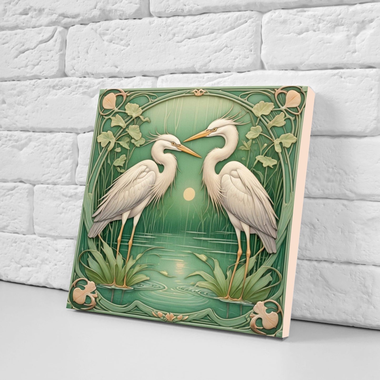 Art Nouveau Heron Ceramic tiles -Set of 2 Art Nouveau Bird Wall Decor Tiles, Bird Tiles, Bird Art - Kitchen Backsplash Tiles, Bathroom Tiles