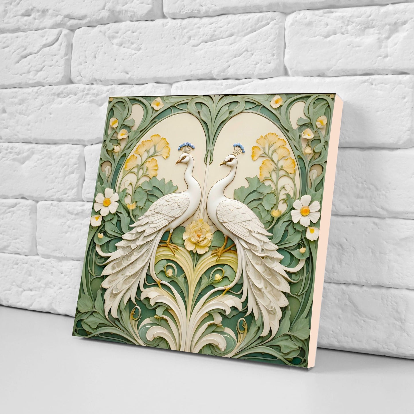 Art Nouveau Peacock Ceramic tiles -Set of 2 Art Nouveau Bird Wall Decor Tiles -White Peacock Print, Kitchen Backsplash Tiles, Bathroom Tiles