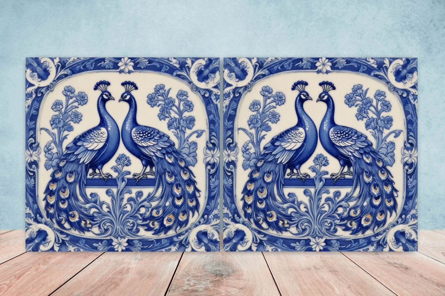Art Nouveau Peacock Ceramic tiles -Set of 2 Art Nouveau Bird Wall Decor Tiles - Peacock Print, Kitchen Backsplash Tiles, Bathroom Tiles