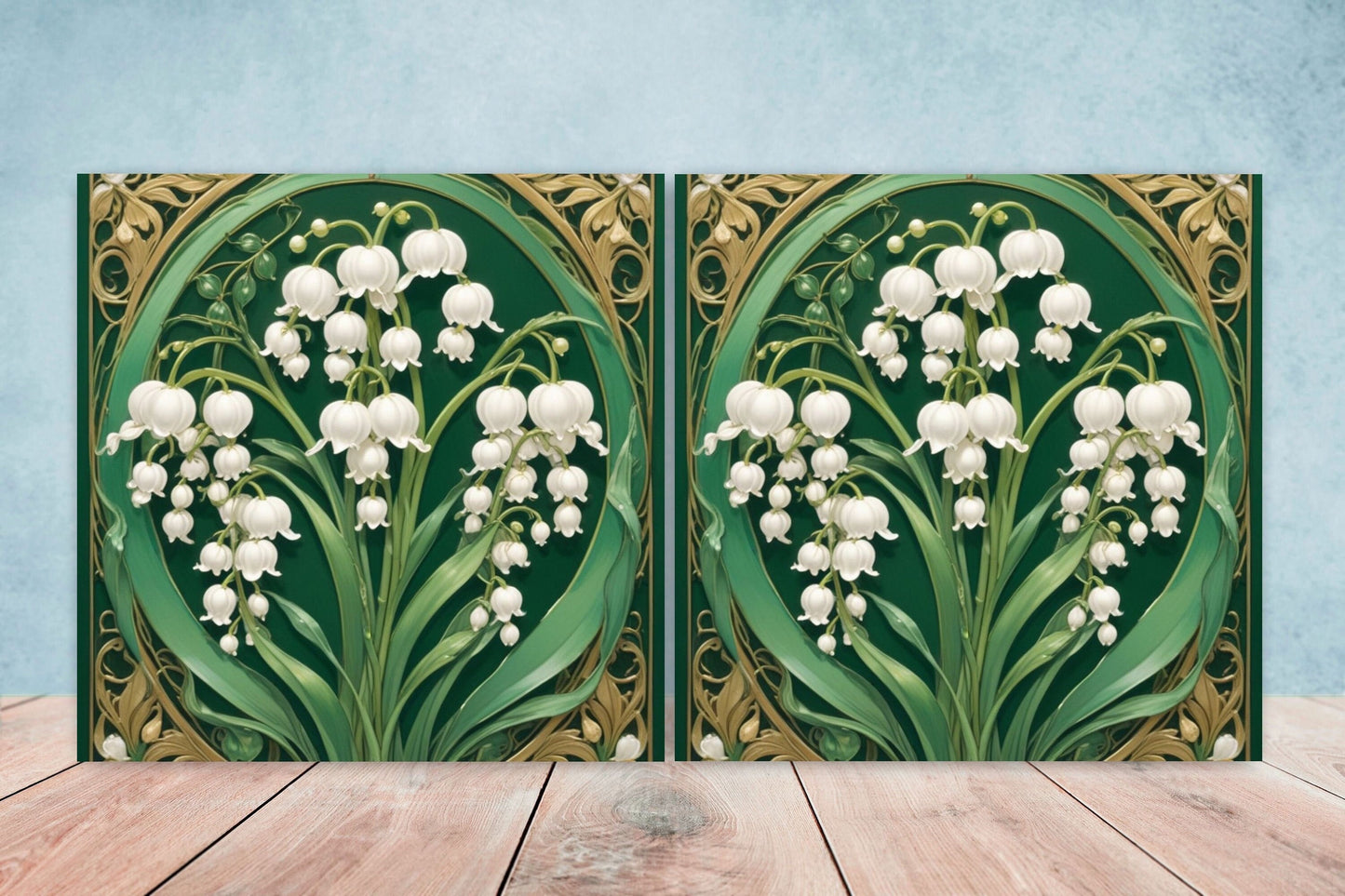 Art Nouveau Flower Ceramic Tiles - Set of 2 Art Nouveau Wall Decor Tiles - Kitchen Backsplash Tiles, Table Decorative Tiles, Bathroom Tiles