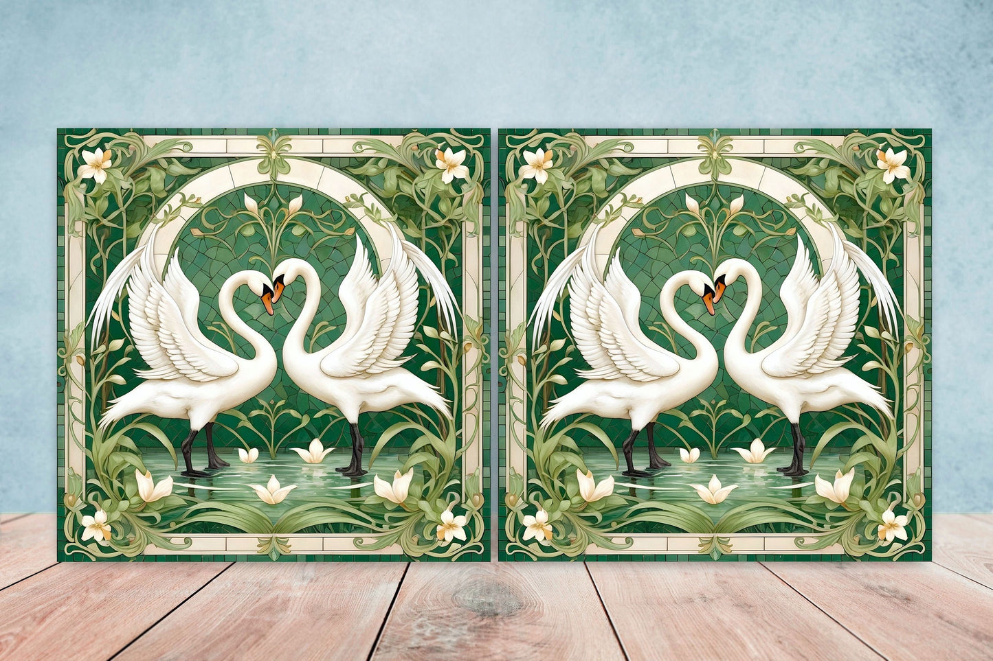Art Nouveau Swan Ceramic tiles - Set of 2 Art Nouveau Bird Wall Decor Tiles, Bird Tiles, Swan Art - Kitchen Backsplash Tiles, Bathroom Tiles