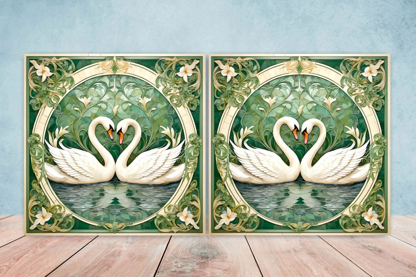 Art Nouveau Swan Ceramic tiles - Set of 2 Art Nouveau Bird Wall Decor Tiles, Bird Tiles, Swan Art - Kitchen Backsplash Tiles, Bathroom Tiles