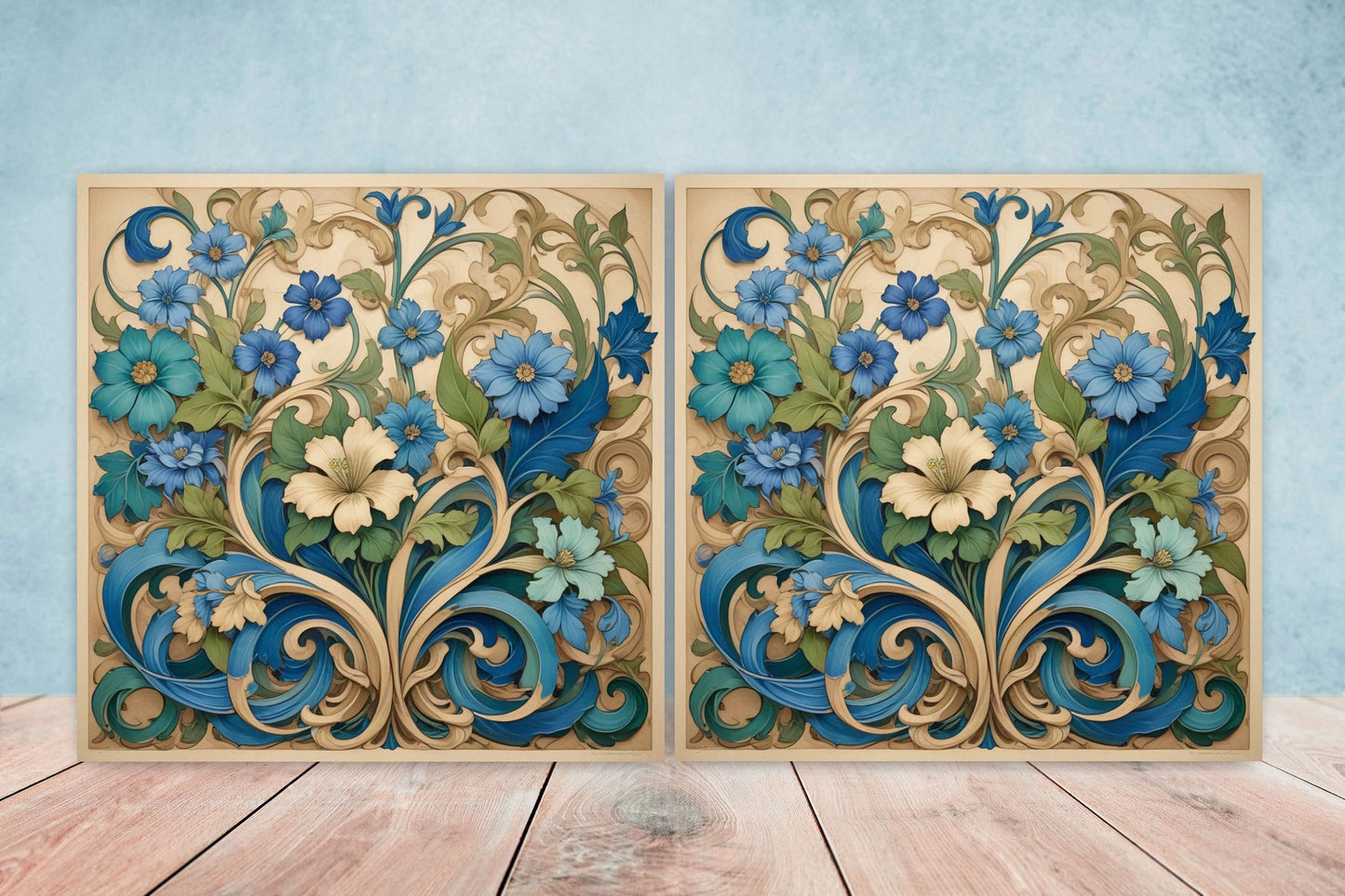 Art Nouveau Flower Ceramic Tiles - Set of 2 Art Nouveau Wall Decor Tiles - Kitchen Backsplash Tiles, Table Decorative Tiles, Bathroom Tiles