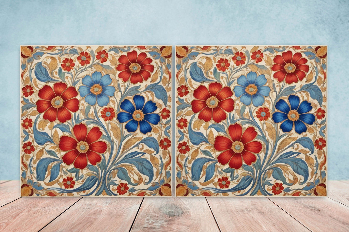 Art Nouveau Flower Ceramic Tiles - Set of 2 Art Nouveau Wall Decor Tiles - Kitchen Backsplash Tiles, Table Decorative Tiles, Bathroom Tiles