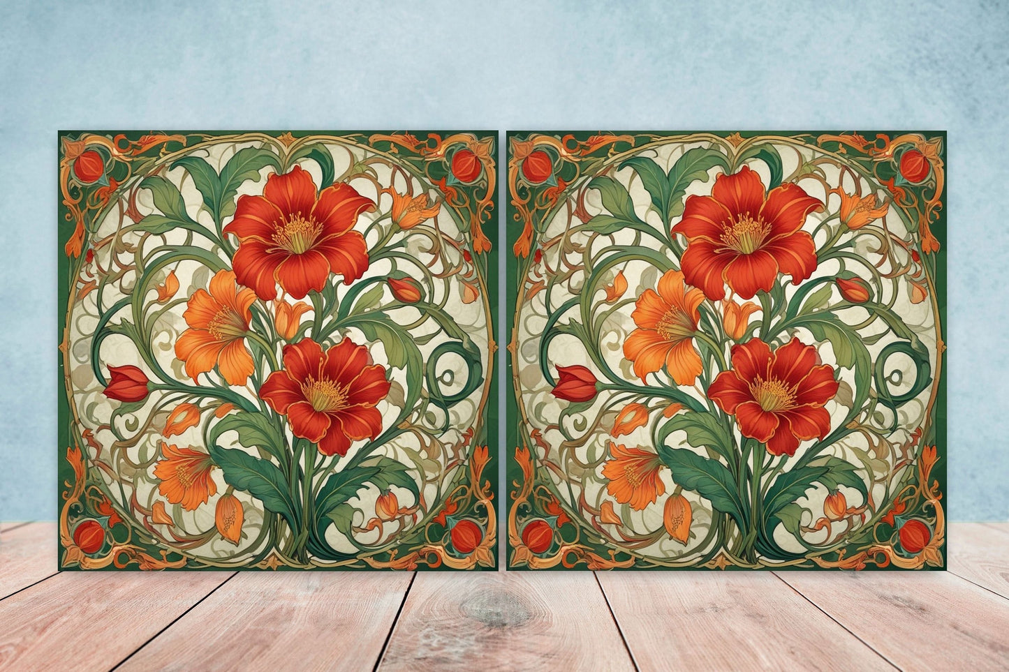 Art Nouveau Flower Ceramic Tiles - Set of 2 Art Nouveau Wall Decor Tiles - Kitchen Backsplash Tiles, Table Decorative Tiles, Bathroom Tiles