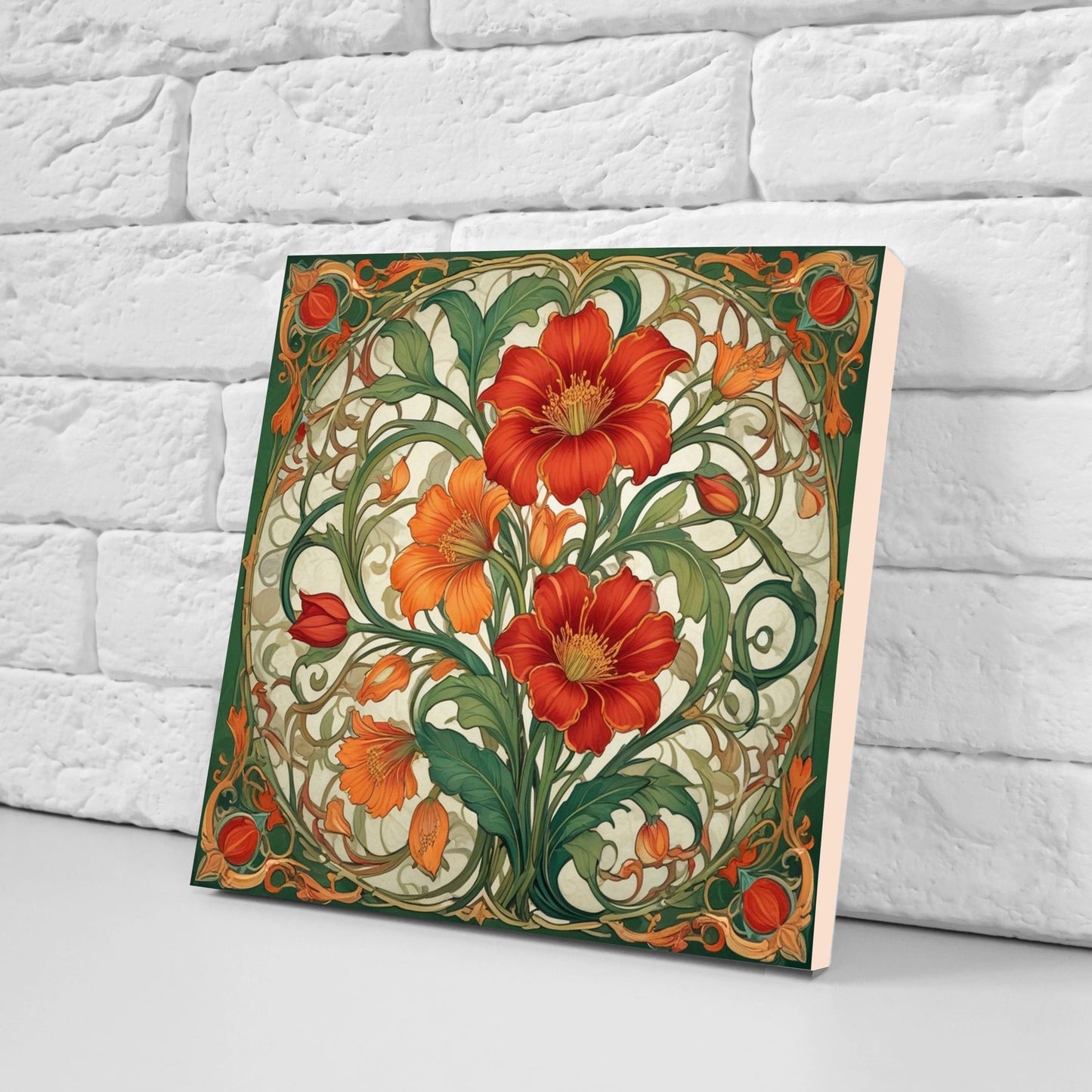 Art Nouveau Flower Ceramic Tiles - Set of 2 Art Nouveau Wall Decor Tiles - Kitchen Backsplash Tiles, Table Decorative Tiles, Bathroom Tiles