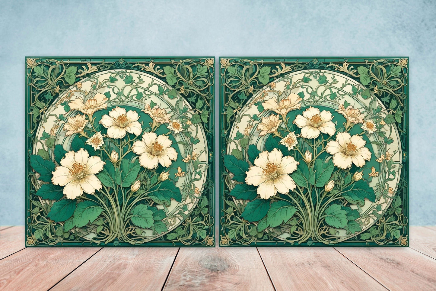 Art Nouveau Flower Ceramic Tiles - Set of 2 Art Nouveau Wall Decor Tiles - Kitchen Backsplash Tiles, Table Decorative Tiles, Bathroom Tiles