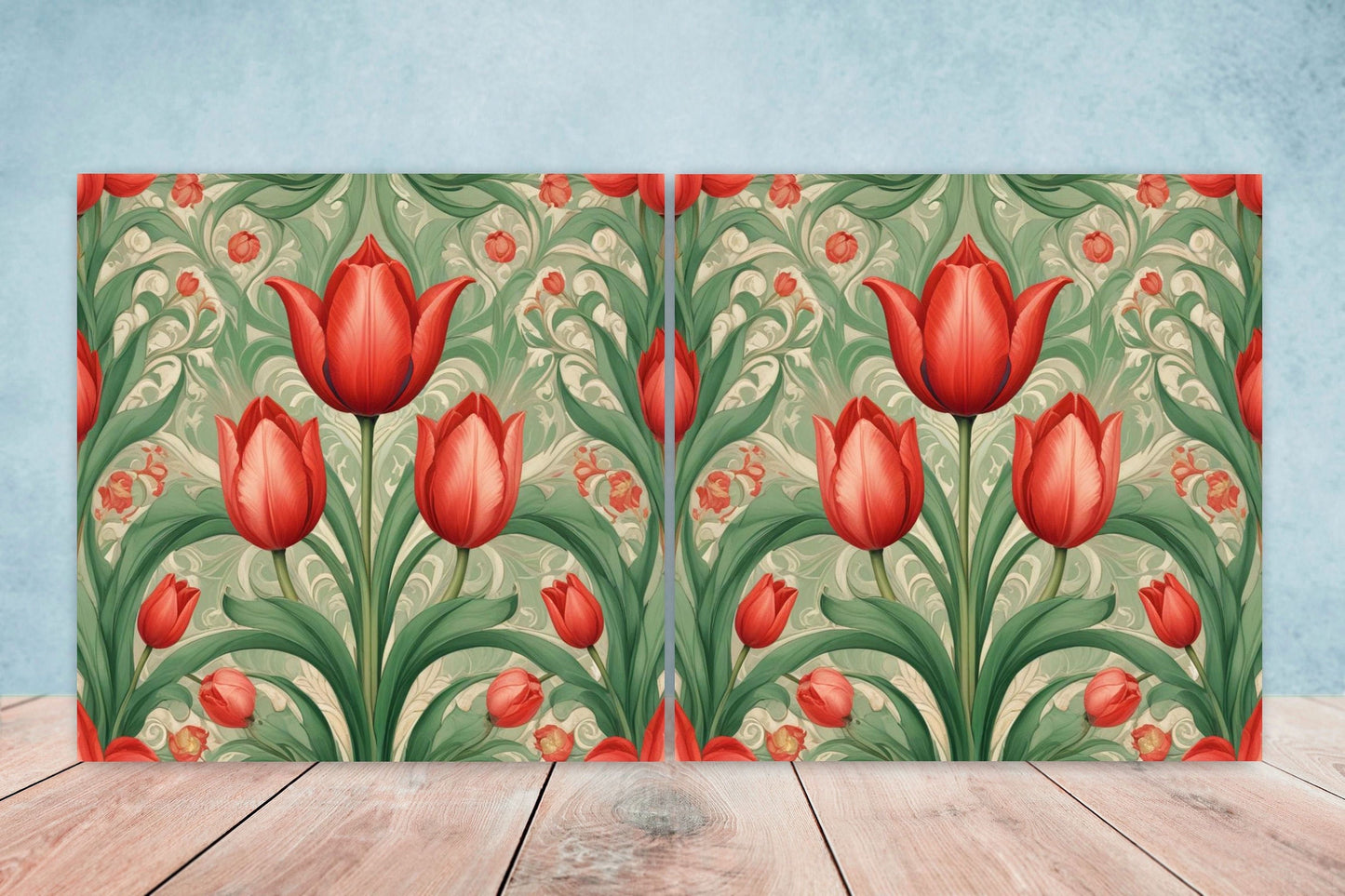 Art Nouveau Flower Ceramic Tiles - Set of 2 Art Nouveau Wall Decor Tiles - Kitchen Backsplash Tiles, Table Decorative Tiles, Bathroom Tiles