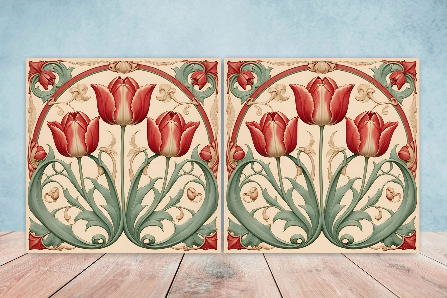Art Nouveau Flower Ceramic Tiles - Set of 2 Art Nouveau Wall Decor Tiles - Kitchen Backsplash Tiles, Table Decorative Tiles, Bathroom Tiles