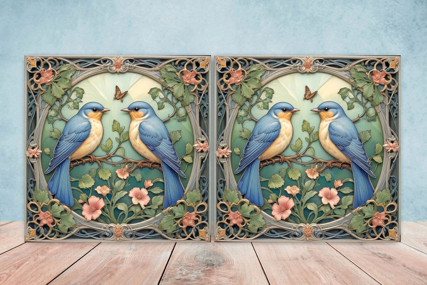 Art Nouveau Bird and Flower Ceramic tiles -Set of 2 Art Nouveau Bird Wall Decor Tiles,Bird Tiles -Kitchen Backsplash Tiles,Bathroom Tiles