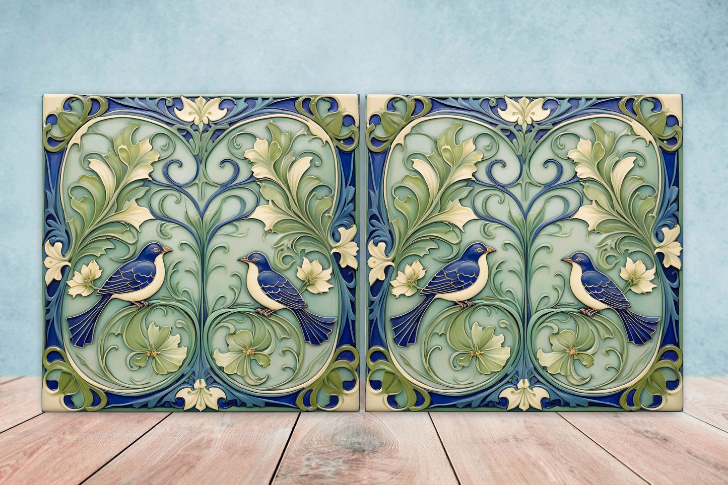 Art Nouveau Bird and Flower Ceramic tiles -Set of 2 Art Nouveau Bird Wall Decor Tiles,Bird Tiles -Kitchen Backsplash Tiles,Bathroom Tiles